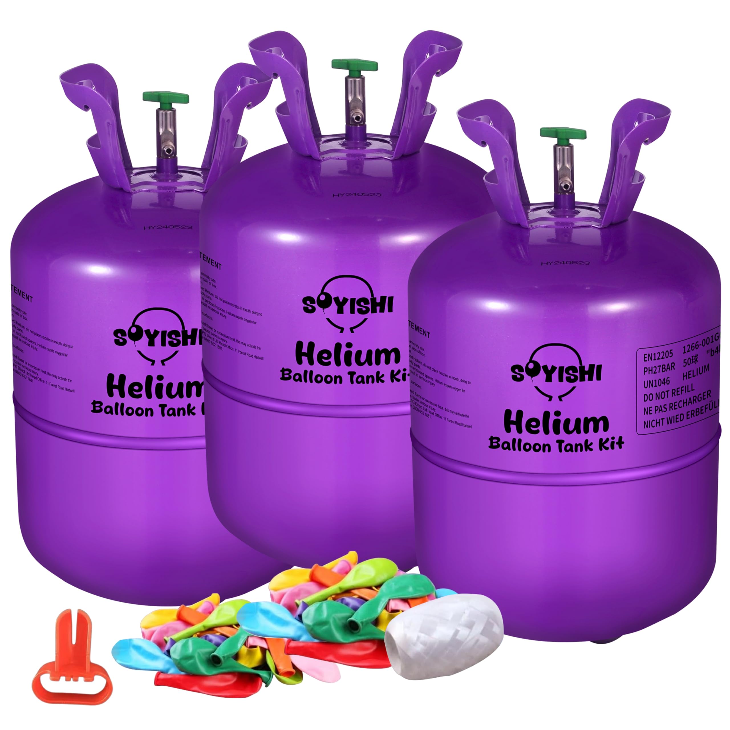 13.4L Helium Tank for Balloons at Home Balloon Pump Kit Up to 50 Assorted Latex Balloons White Curling Ribbon and Balloon Tie Tool (3 Tank)