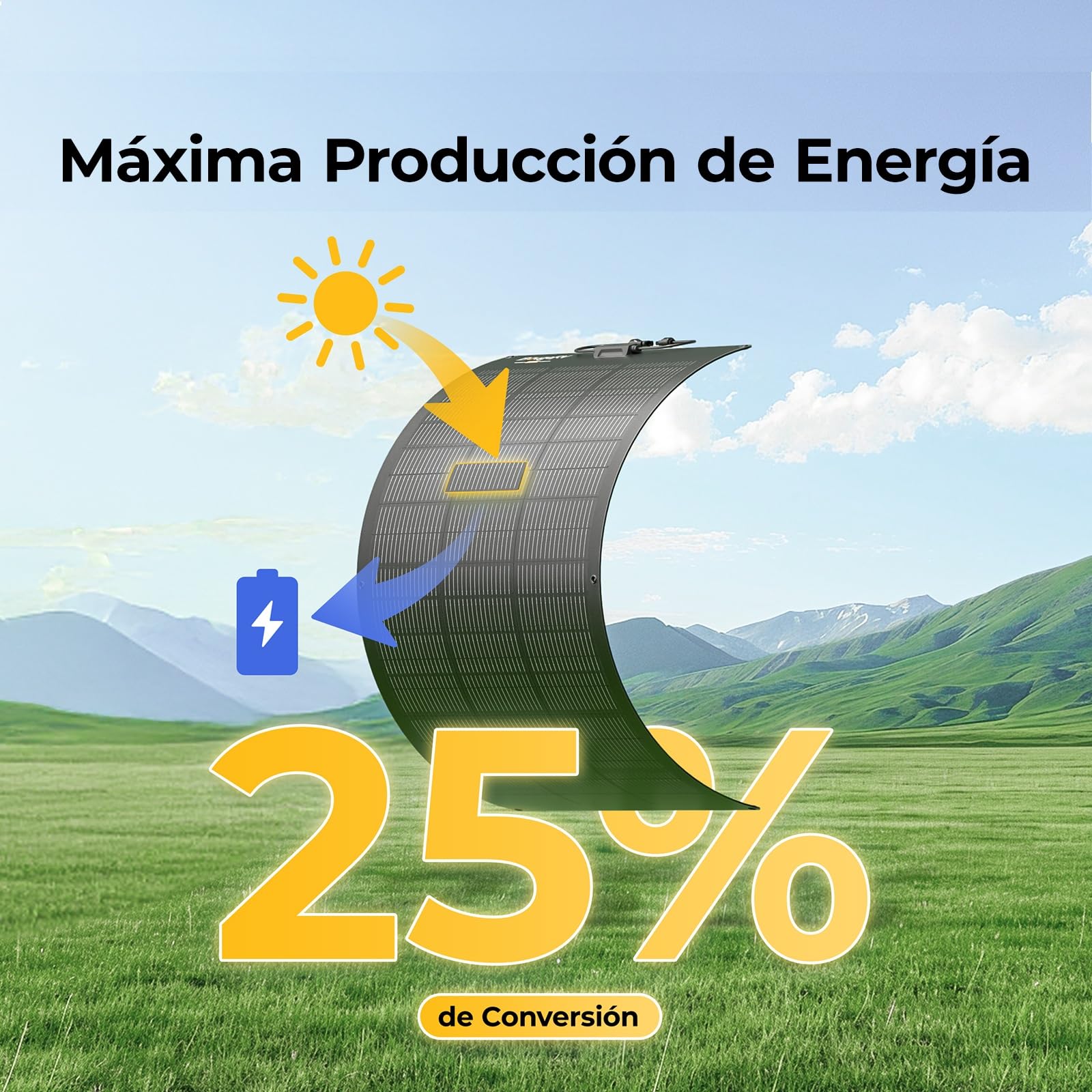BougeRV Arch Pro 100 Watts Panel Solar Flexible Antisombras con 27 Diodos de Bypass, N-Type Fibra de Vidrio 16BB Célula Mono 25% Alta Eficiencia, Autocaravana Barco Jardín Baterías 12/24V
