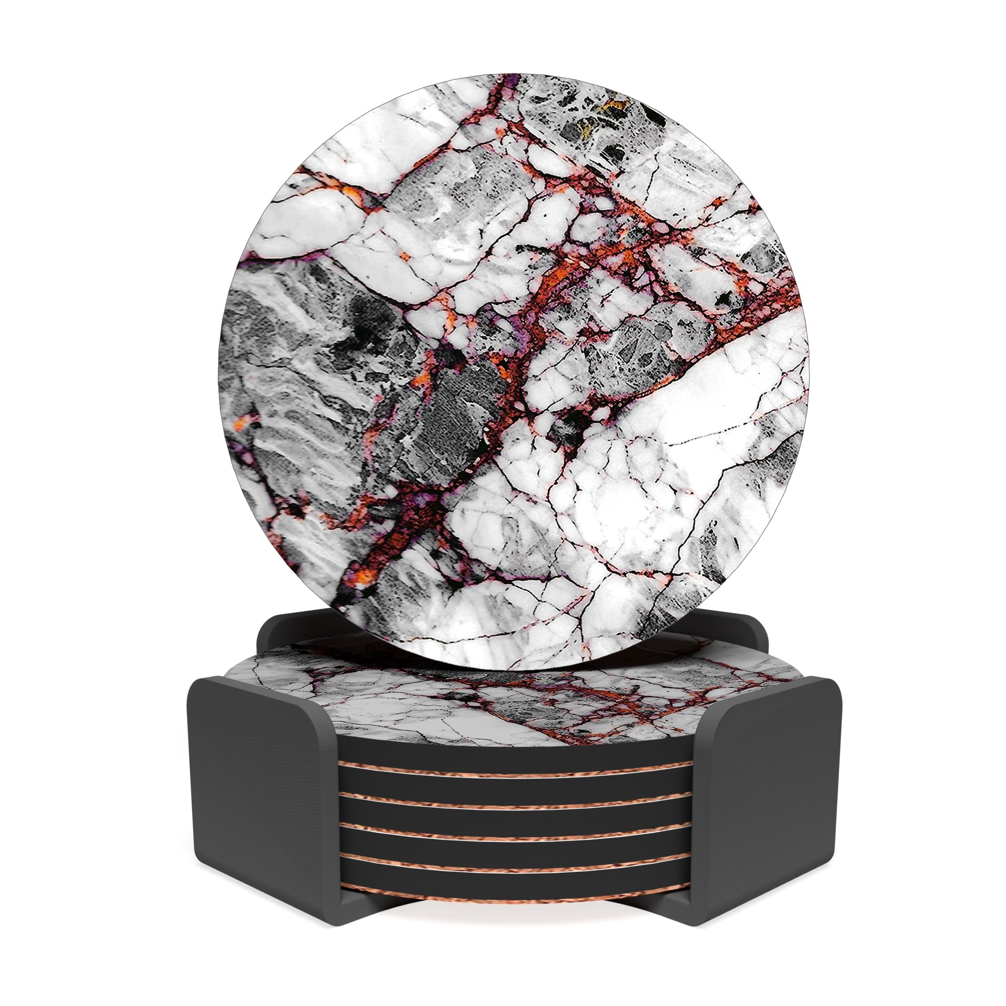 Rav3 Coasters Set of 6 with Holder- Marble Theme Cork Backed Coasters- Round