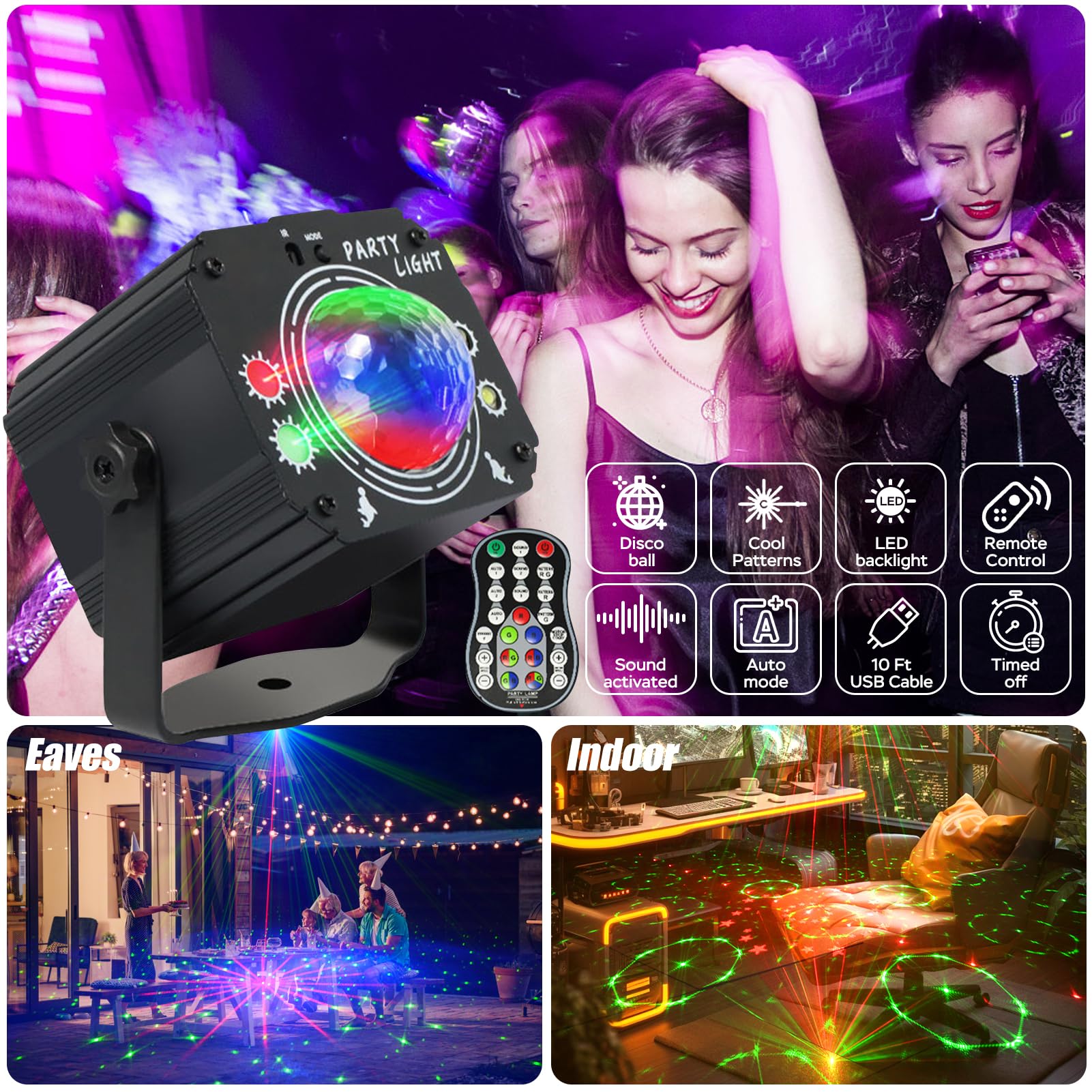 USB Powered 60-Patterns 240 Conbination Effects Stage Light Party Light Sound-Activated Disco Ball Laucnpty DJ Party Light Ideal for Christmas, Raves, Home Karaoke, Dance, Clubs, and Bar Parties