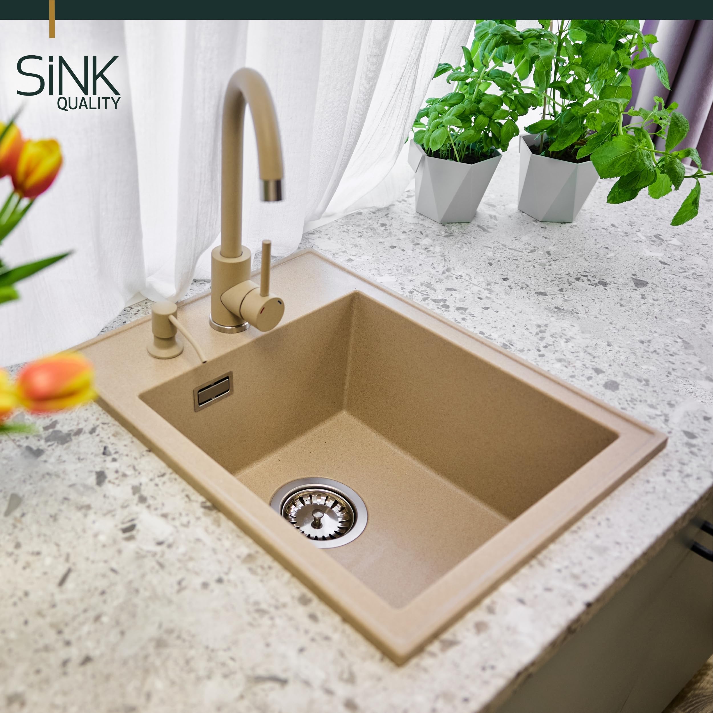 SINK QUALITY Lavello Beige 40x50 cm in granito beige con sifone e impregnazione, lavello senza scolapiatti, piccolo lavello per cucina per armadi bassi a partire da 40 cm di larghezza