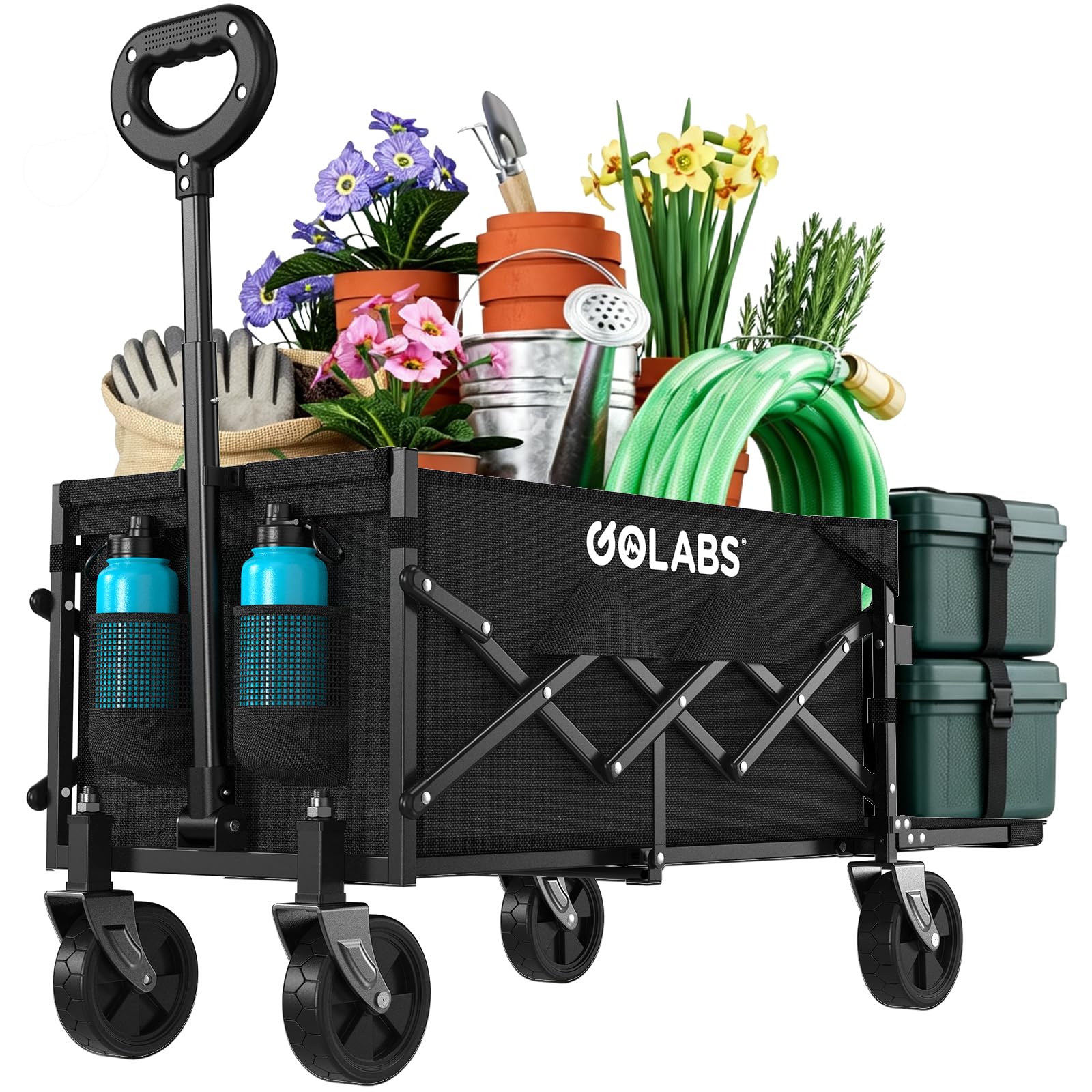 Golabs Wagon Cart Max 350lb Load & Expandable Storage 100L, Double Bearing Design for Flexible Steering, Heavy Duty Garden Cart with wheels Foldable 2 Cup Holders for Groceries, Garden & Camping,Black-image-43
