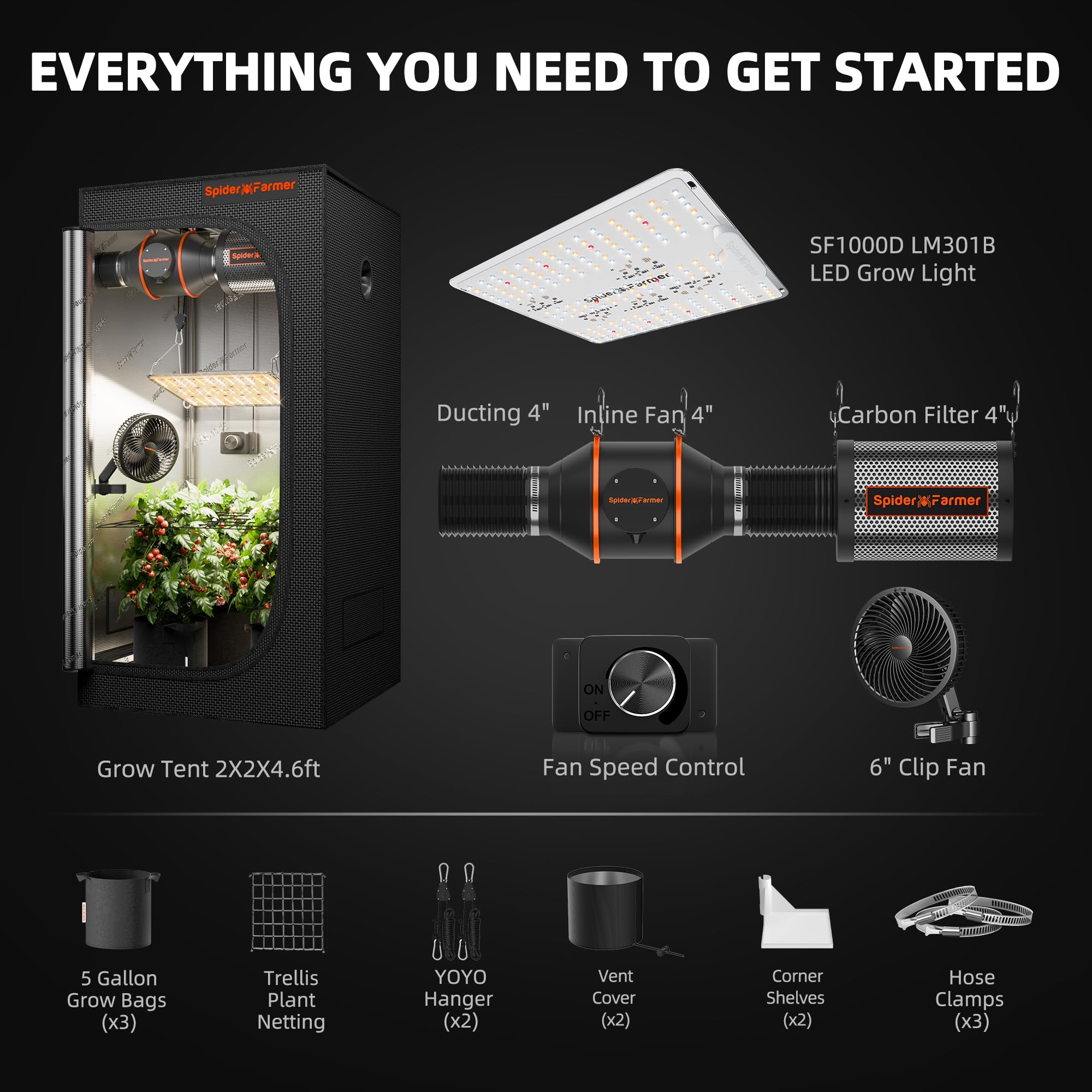 SPIDER FARMER SF1000D Kit Complet Lampe de Culture LED Plein Spectre Samsung LM301B 60x60x140cm Tente 1680D Hydroponique Système d'aération