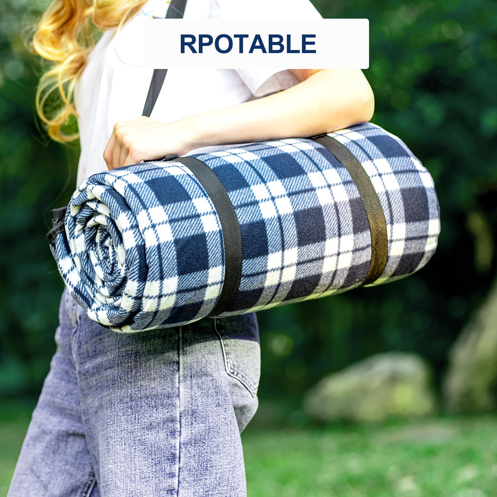 Couverture de Pique-Nique - 300 x 300 cm - Imperméable - sans Sable - Lavable - XXL - Pliable - avec bandoulière - Idéale pour la Plage et Le Parc (Grille Bleue et Blanche)