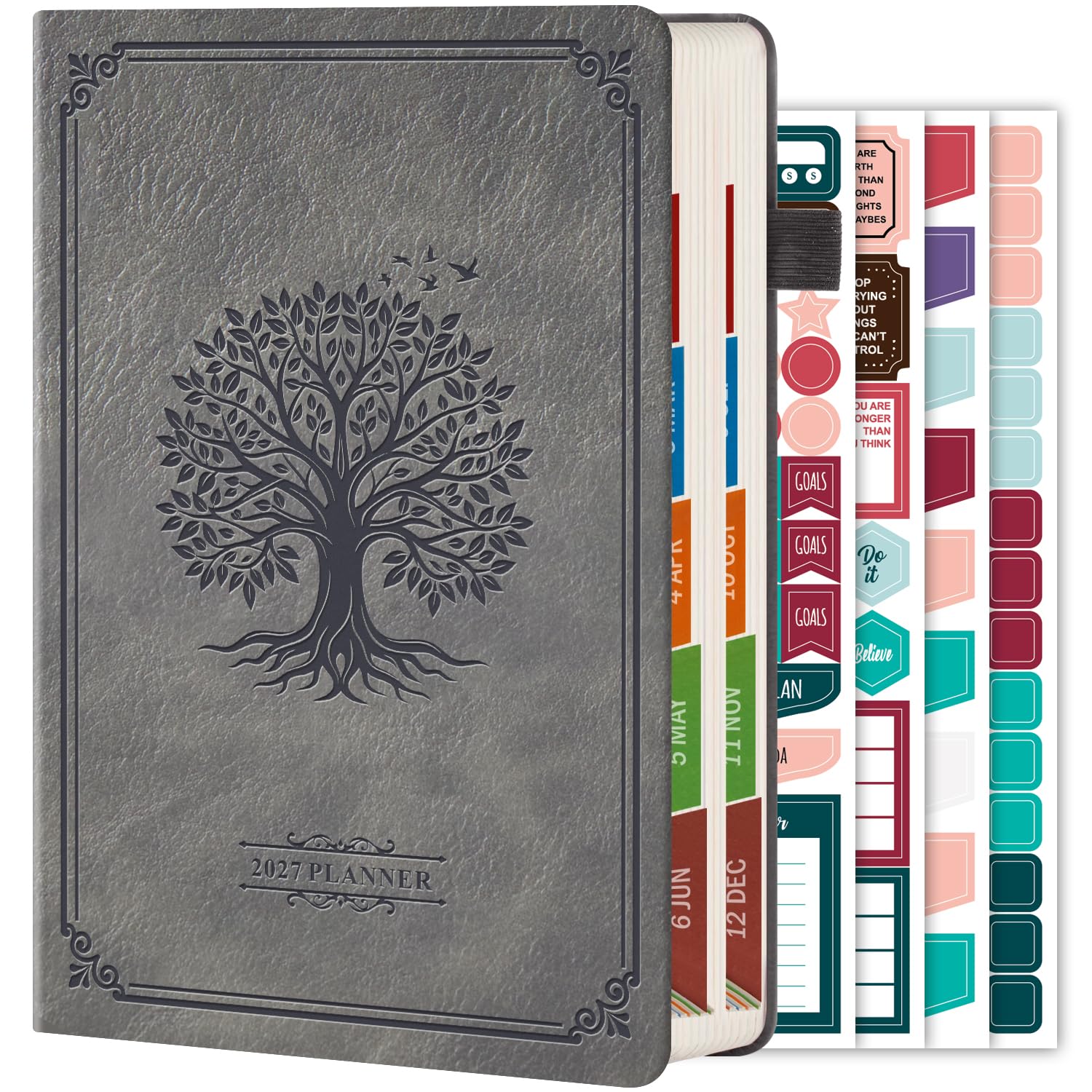2027 Diary, Hardback Planner 2027 for Students Teachers, Page a Day, with 4 Stickers, Colorful Monthly Tabs, Hourly Schedules, A5 Daily & Monthly Agenda, Jan 2027 - Dec 2027, 14.3 X 21 cm, Grey