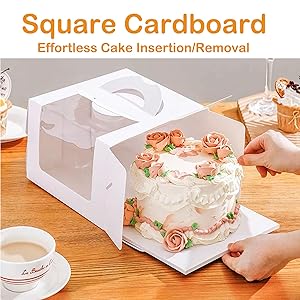SUGORER 20pcs 6x6x6 Inches Christmas Cake Boxes with Cake Boards Handles White Bakery Boxes Cajas Pasteles for Cakes, Pastries, Chocolates, Cookies, Pie, Birthday Party, Wedding, Valentine's Day