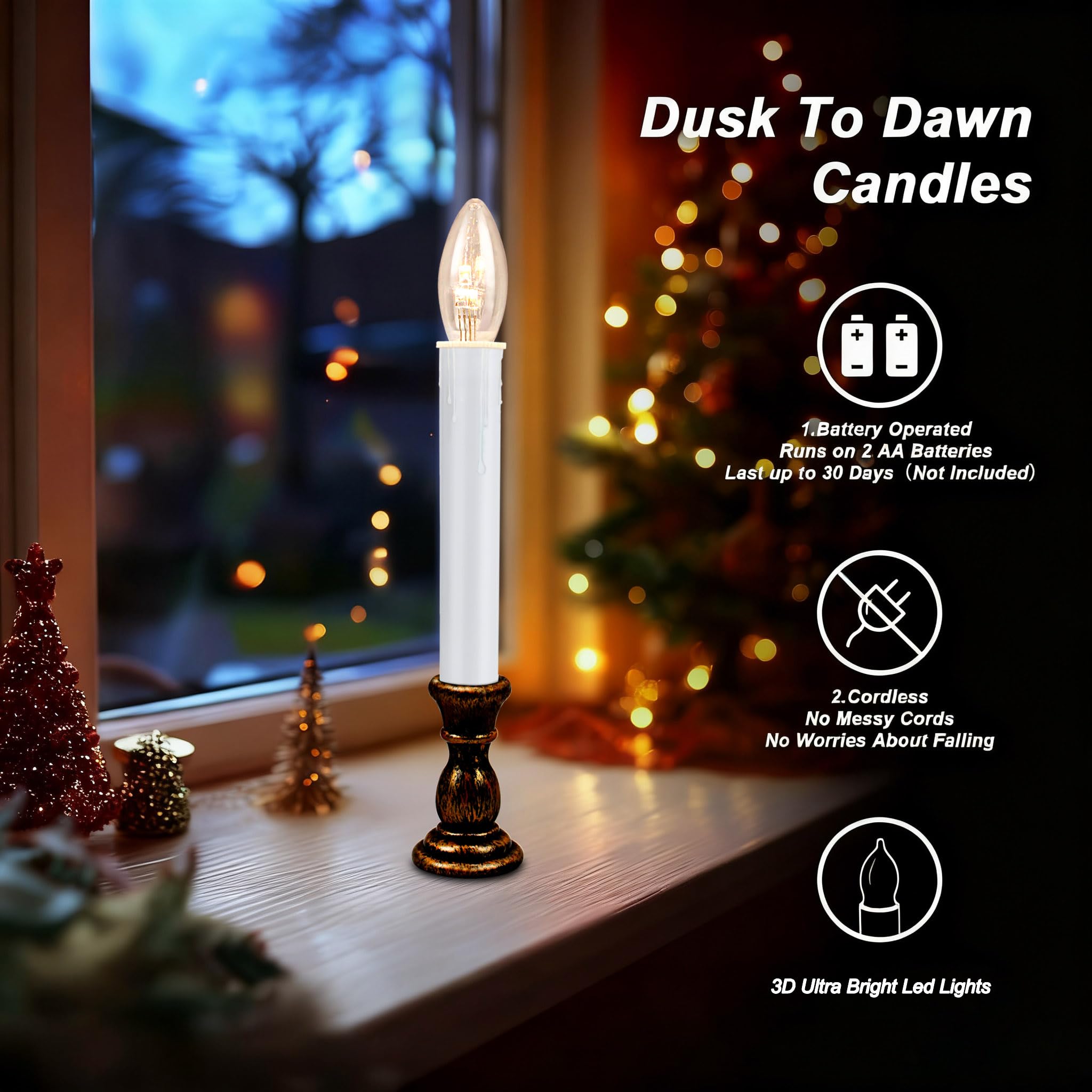 Candele natalizie a LED ultra luminose con timer, 25,4 cm, funzionamento a batteria, con base in bronzo antico (timer da 6/18 ore) per decorazione da tavolo per interni e feste, set da 6