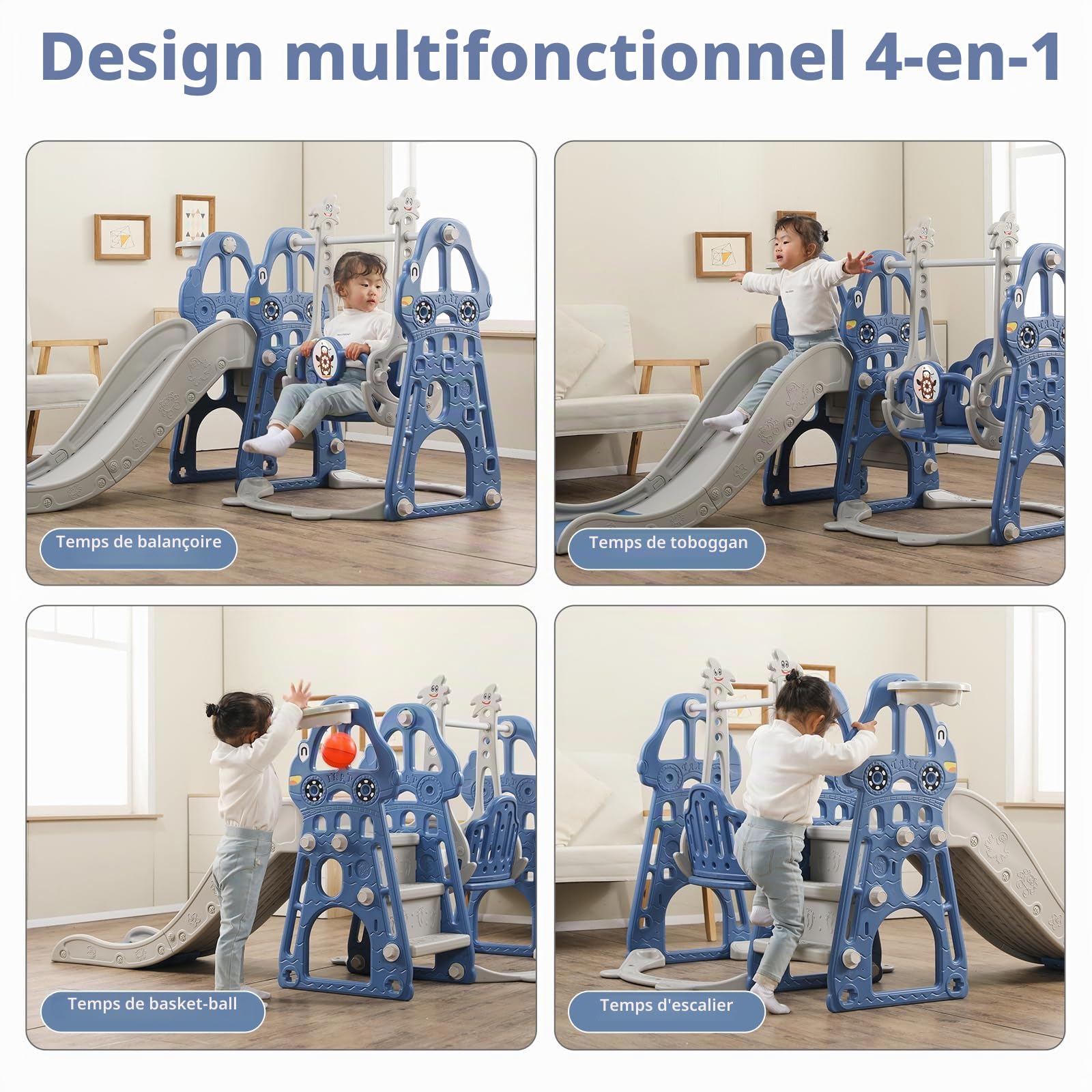 Ensemble de Toboggan et balançoire pour Tout-Petits, Ensemble de Jeu d'escalade pour bébé 4 en 1 avec balançoire, Toboggan grimpeur et Basket-Ball, toboggans pour Enfants (Classique + Bleu)