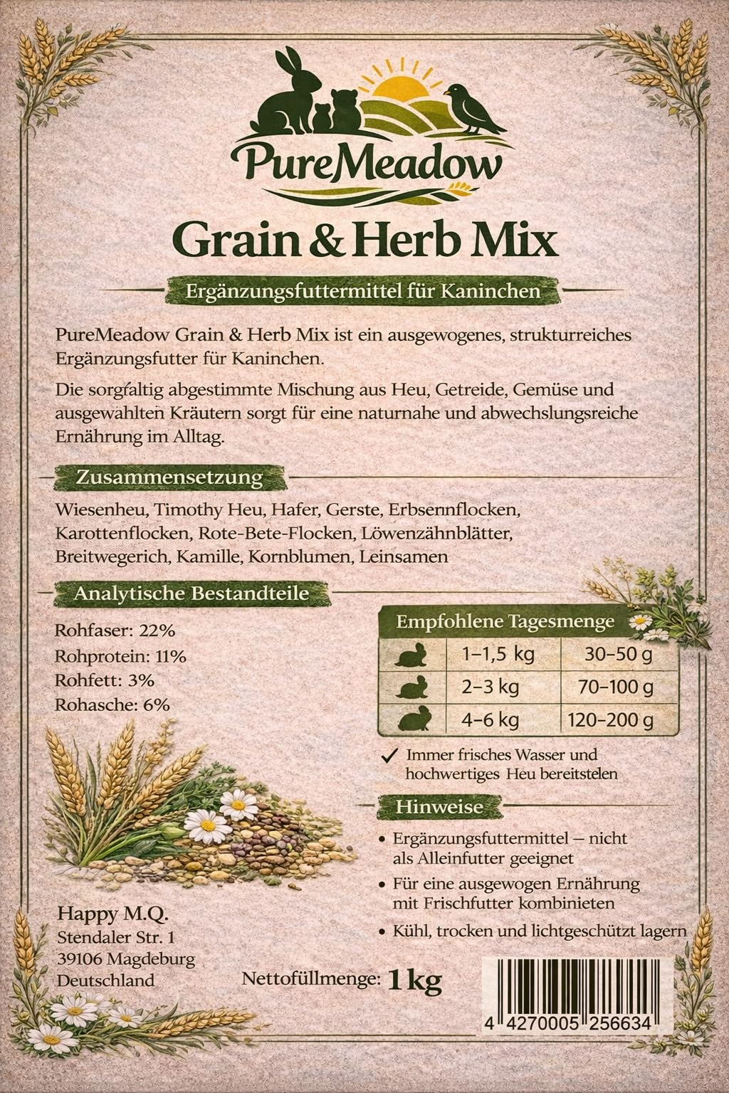 PureMeadow Golden Meadow Mix - Complément Alimentaire texturé pour Lapins - 5 kg - avec Foin des prairies, Herbes et légumes