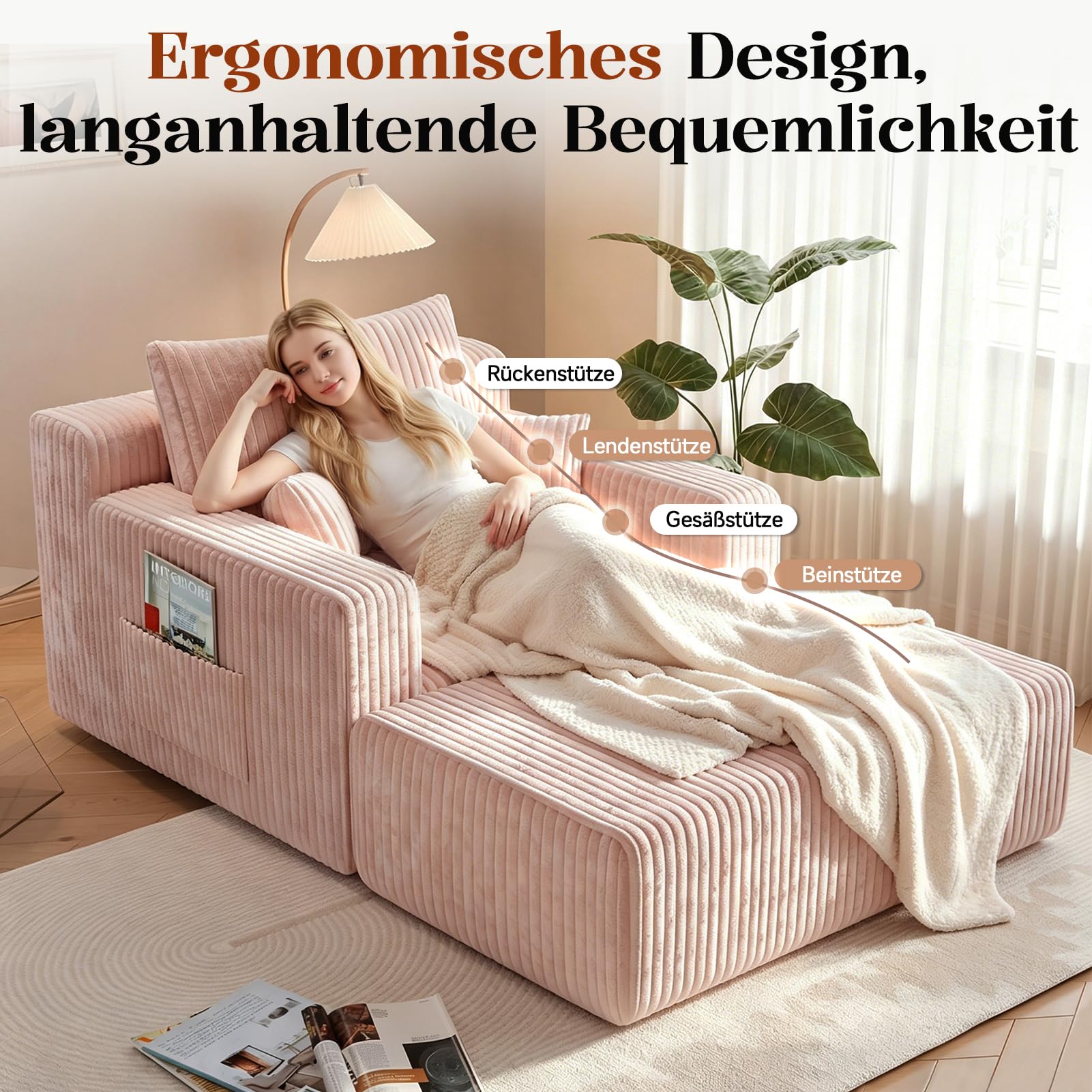 HAUSPROFI 2-in-1-Schlafsofa aus Cord mit Hocker für Gäste – Bodensofa mit 3 Kissen, Einzelsofa und Schlafsessel mit Seitentasche für Wohn- und Schlafzimmer