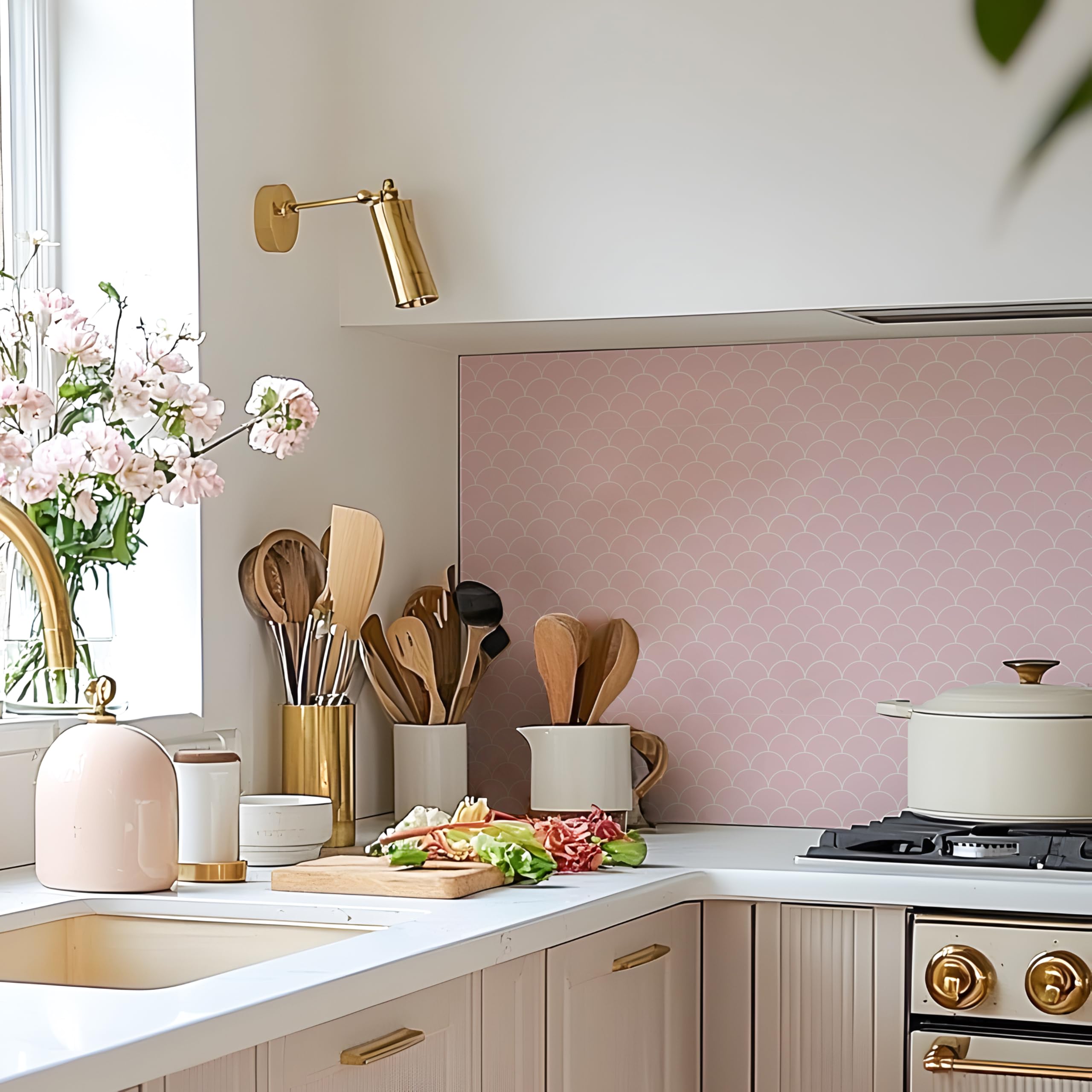 Alwayspon Pink Self-Adhesive Vinyl Floor Wall Tile Stickers, 25Pcs 20cm/8inch Peel and Stick on Tiles Transfer Vinyl Flooring Waterproof Splashback for Kitchen Bathroom