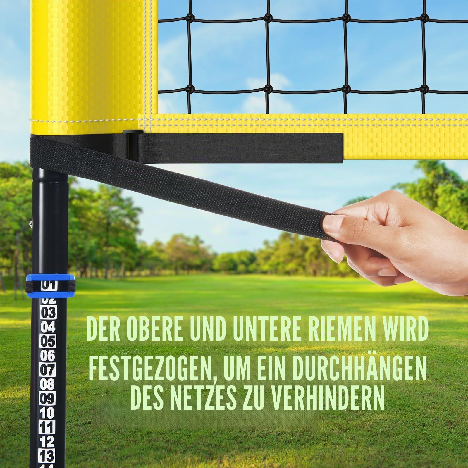 Volleyball Netz Set 9,5m x 1m mit Höhenverstellbar Stahlstangen, PU Ball, Pumpe, Grenzlinie, Tragetasche für Strand Indoor Outdoor