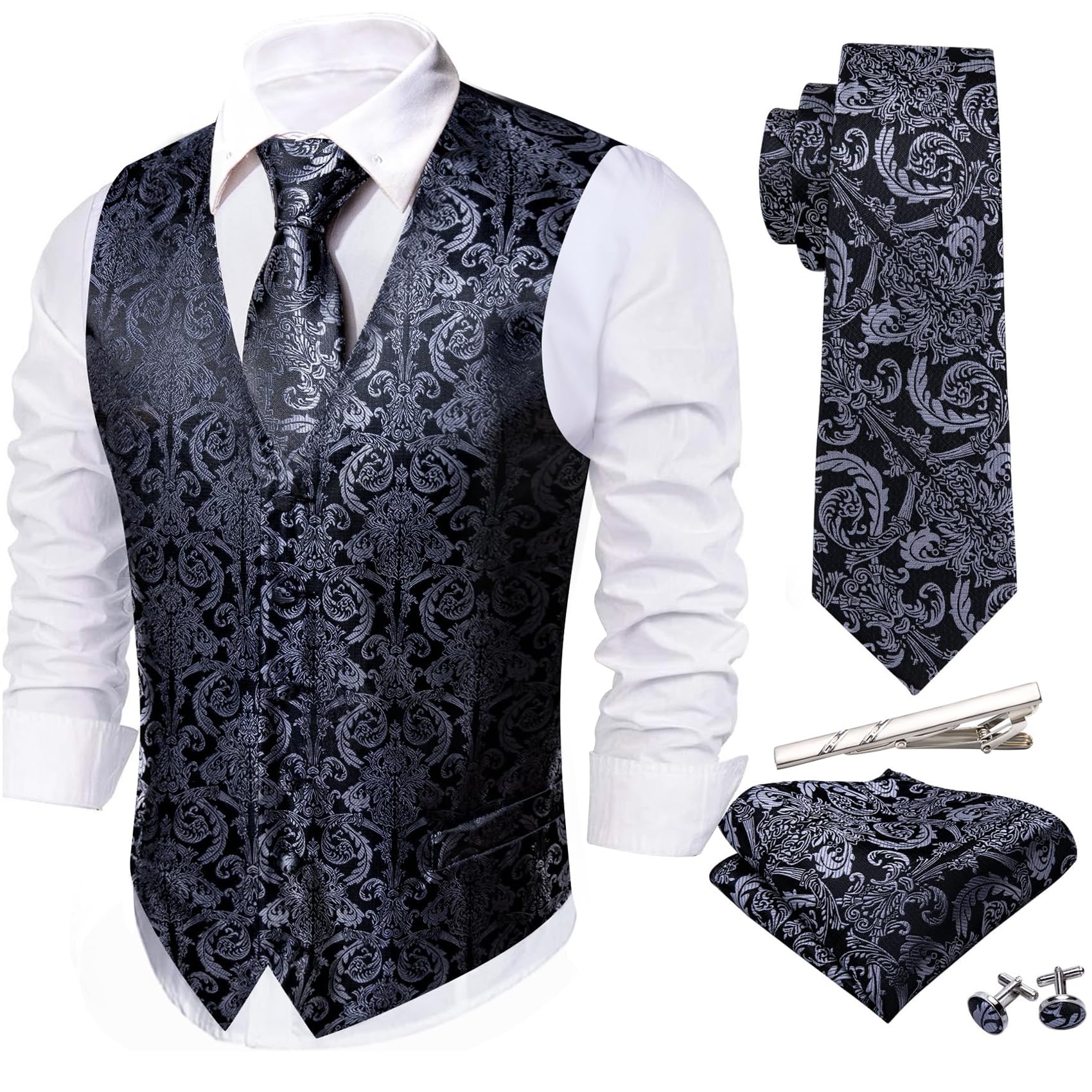 Barry.Wang Men's Suit Vest Formal/Casual Paisley Silk Tie Vests 5PCS