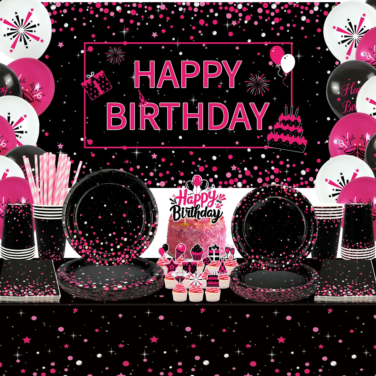 Obussgar Pink Black Birthday Party Decorations - Pink and Black Party Supplies including Backdrop, Plates, Cake Toppers, Cups, Napkins, Balloons, Tablecloth - Serves 20 (BJ)