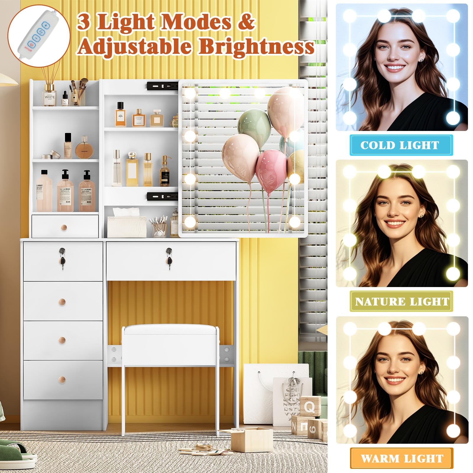 Toeletta con Specchio Luminoso e Sgabello, Scrivania da Trucco con 6 Cassetti e 6 Ripiani, Luci LED Dimmerabili, Bianco,36×80×131 cm H05901