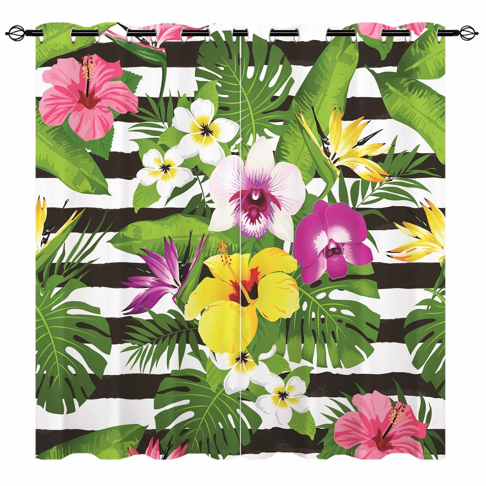 YUANZU Tropical Curtains - Colorful Palm Nature Flower Leave on Black White Striped Print Pattern Eyelet Blackout Thermal Room Darkening Window Drapes for Bedroom Living Room 2 Panels W140cm x D245cm — image 1