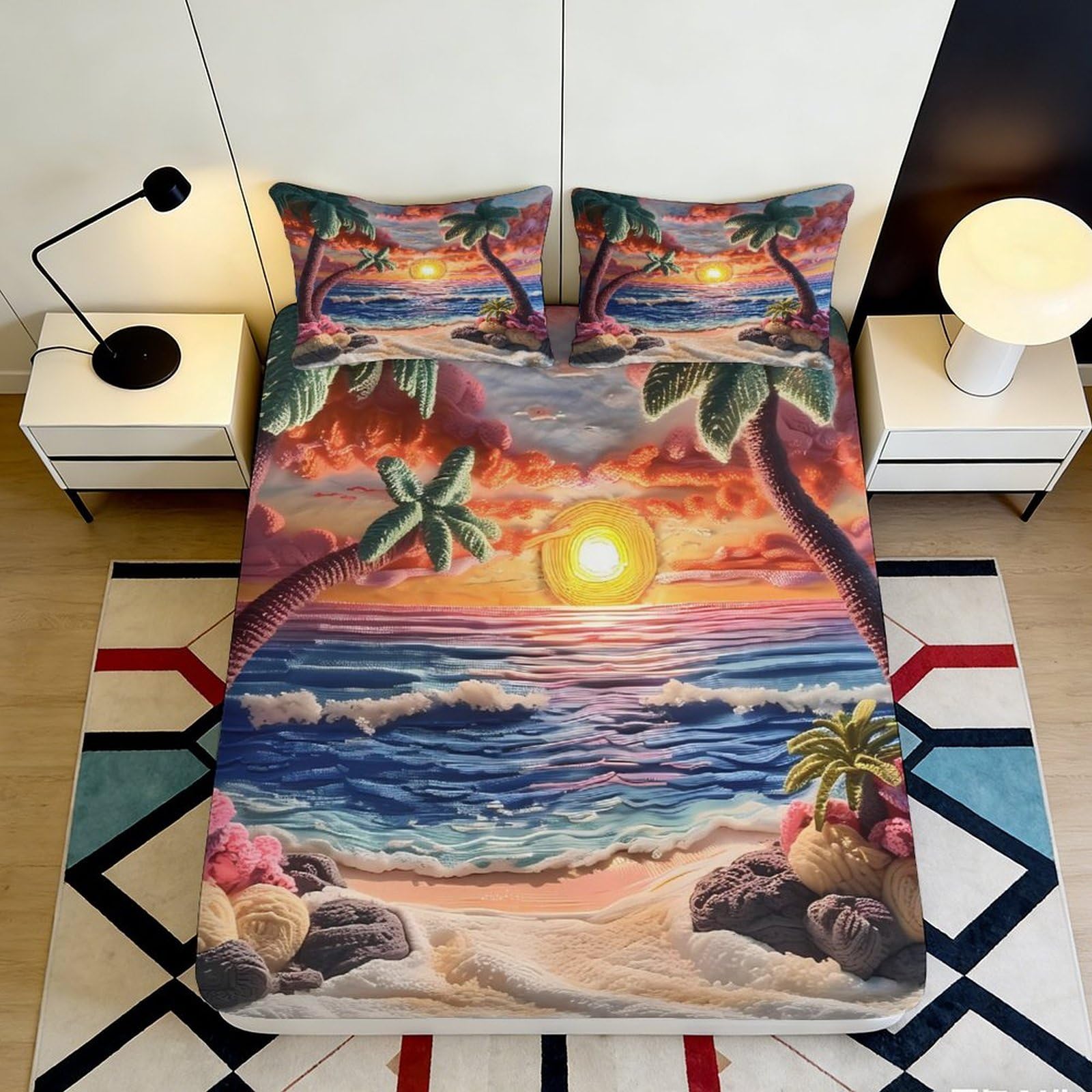 3D Printed Tropical Sunset Fitted Sheet Microfiber Anti-Slip Palm Beach Mattress Cover Bedroom Decor Easy Care 90x200x25cm
