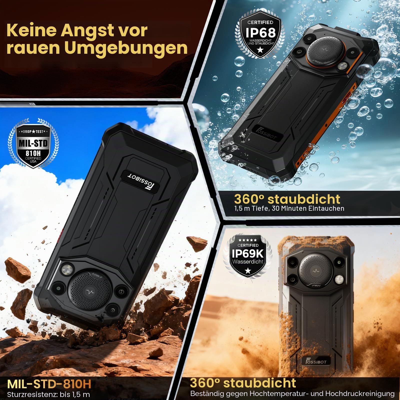 FOSSiBOT F110Pro Outdoor Smartphone 5G Android 15, 128 dB Lautsprecher-10000 mAh Handy Ohne Vertrag, 5G MediaTek Dimensity 6300+, 20 GB+128 GB/2TB, 6.745" Smartphone, 50 MP Kamera (schwarz)