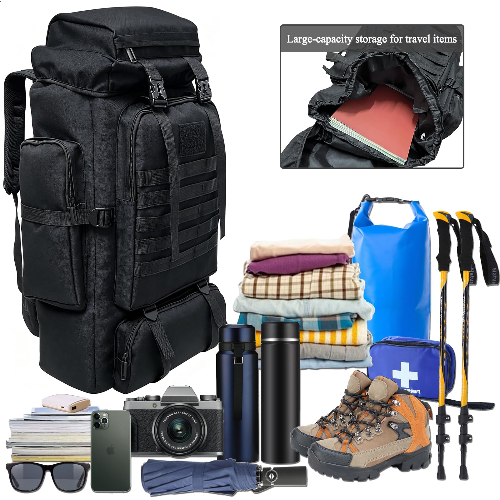 80L Wanderrucksack Campingrucksack, 80 Liter Großes Fassungsvermögen Outdoor-Rucksack Reiseklettern Bergsteigen Handgepäcktasche, Trekkingrucksack für Herren Damen, Schwarz
