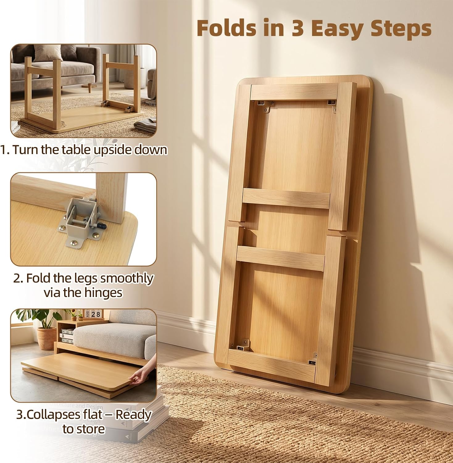 Japanese Folding Coffee Table, Low Floor Desk (32 x 16 x 16", Natural wood)