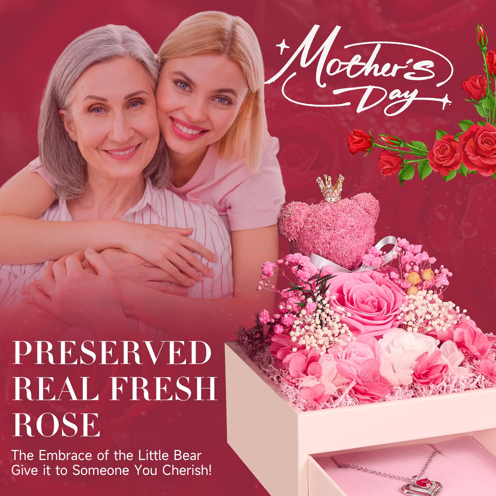 Rosa Eterna con Oso de Musgo para Mujeres, Flores Natural Preservada con Collar, Regalos de San Valentin Originales para Mujer Mama Novia, Caja Regalo Dia de la Madre, Aniversario, Cumpleaños, Navidad