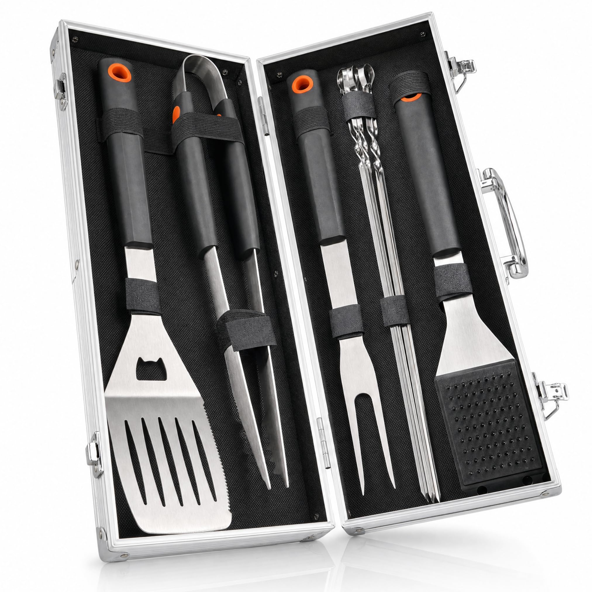Grillkoffer Grillset für Männer - Grill Set mit Metallkoffer aus Edelstahl, Grillbesteck & Grill Zubehör, 3 in 1 Wender mit Flaschenöffner und Schneidekante