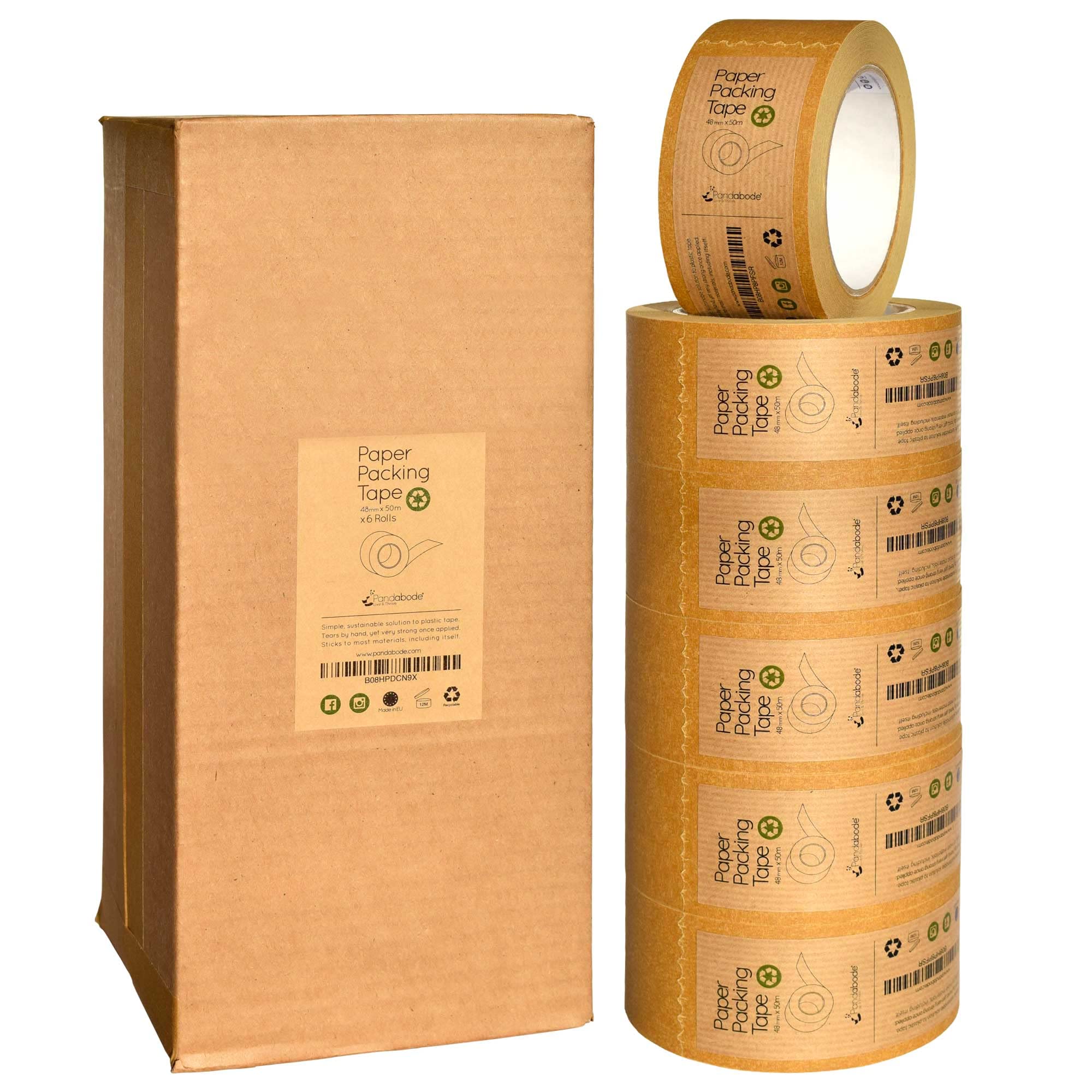 Pandabode Kraft Paper Packing Tape 48mm x 50m | Brown Paper Tape for Strong Parcel Packaging | 1/3/6/12 Pack | Recyclable & Eco Friendly (6)