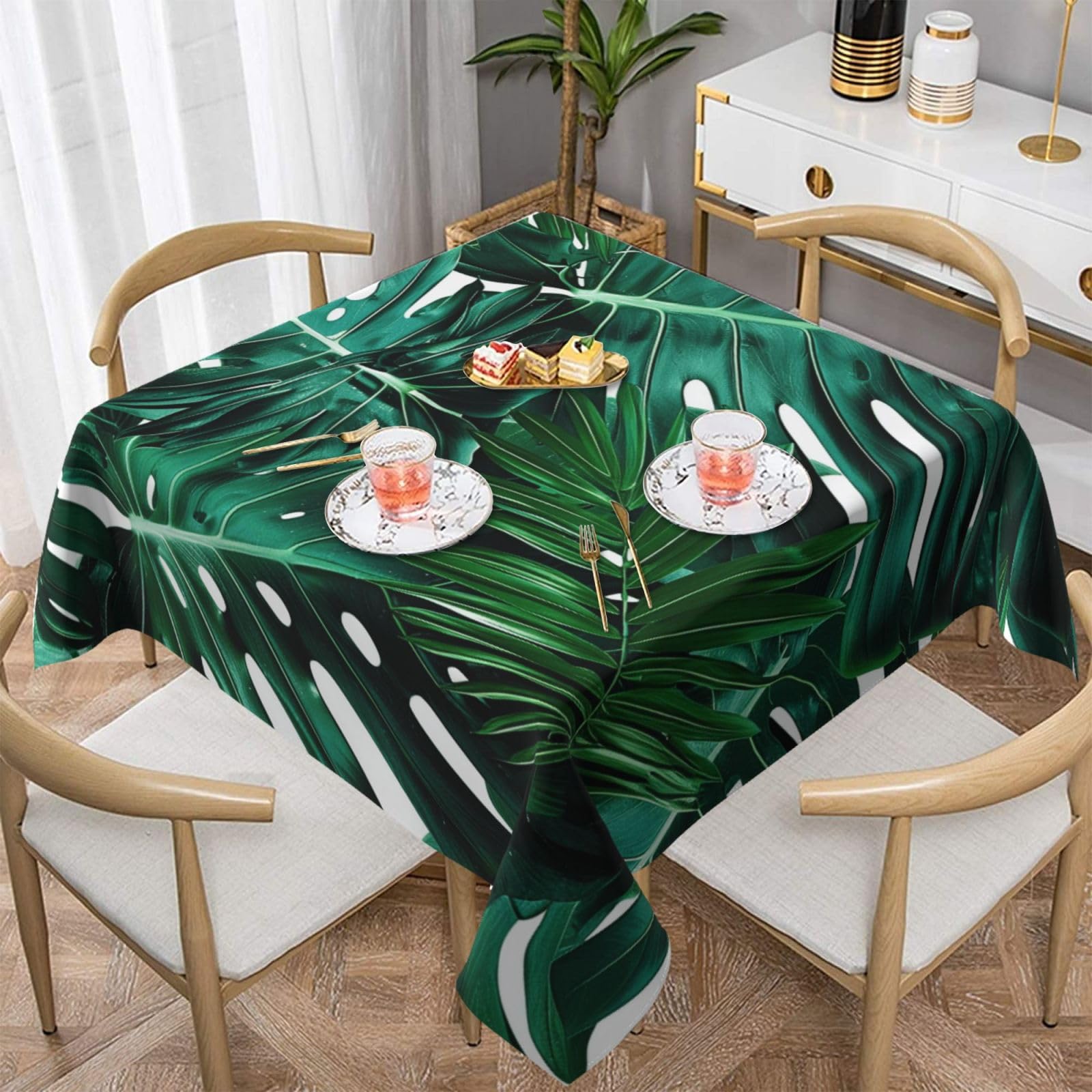 WPKJU Cute Green Palm Leaves Printed Square Tablecloth 60x60 inch Water Resistant Table Cover Washable Rectangle Table Cloth for Dining Tables
