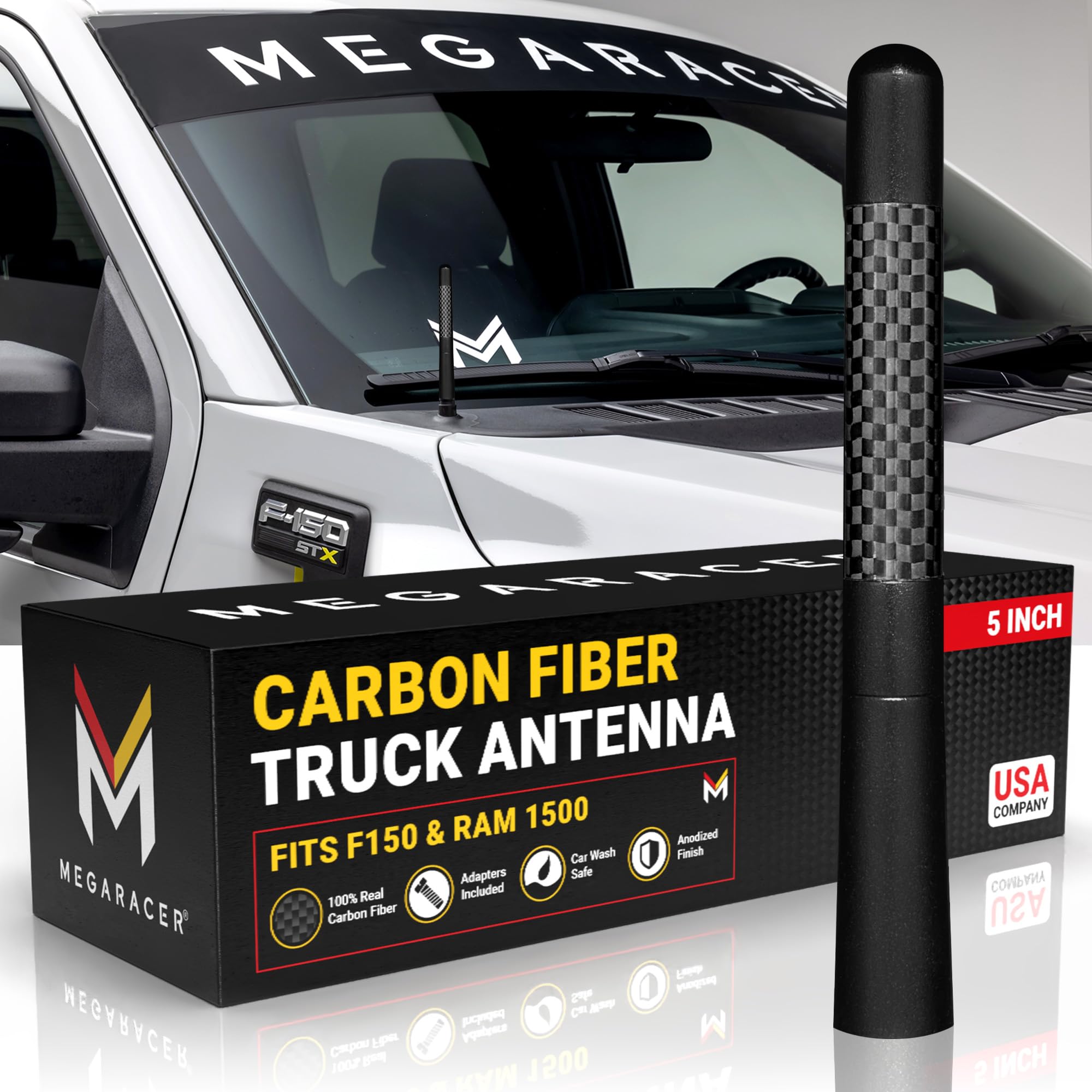 Carbon Fiber Truck Antenna | Compatible with F150 (Year 2009-2025) | RAM 1500 (2009-2024) | Short Car Audio & Video Antennas | Small F150 Antenna | Truck Accessories | Black 5 Inch