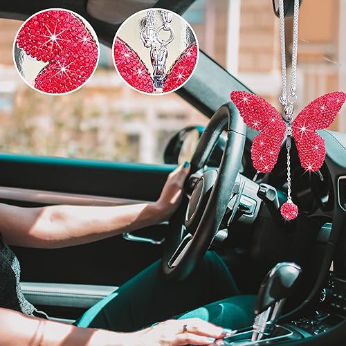 Miniatura 6 de Accesorios de automóvil con diseño de mariposa brillante para mujer, colgante de adorno de espejo retrovisor de automóvil de diamante, regalo del