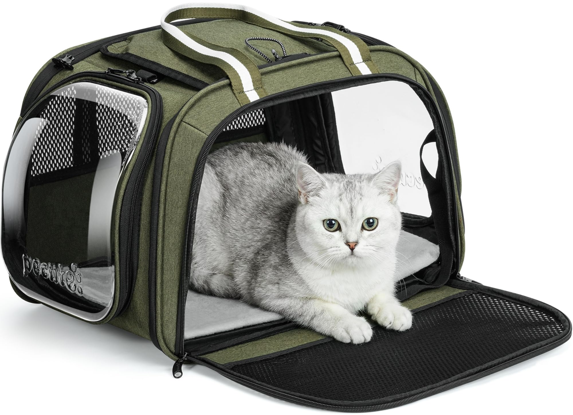 pecute Transportín Gato Grande, Coche Cero Ansiedad | Bolsa de Transporte Estructura de Acero Antideformación de 5mm, Persiana Enrollable de Privacidad, Ventana de Burbuja, Talla M,Verde Recycled Claim Standard Blended