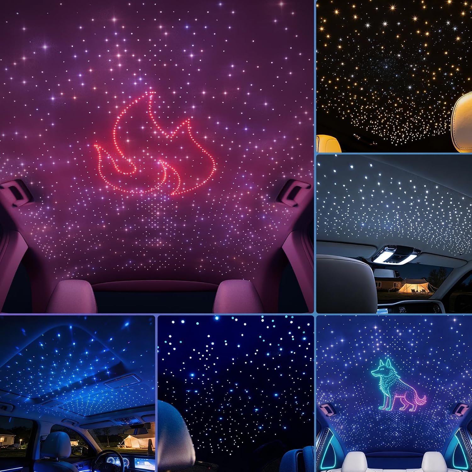 16W Fiber Optic Starlights Headliner Lights，Mixed Fibers 1200pcs 9.89ft (0.1in 800pcs+0.2in 400pcs) Star Lights for car Sound Activated Light Source with Remote+APP Control Starlights Effect SUV