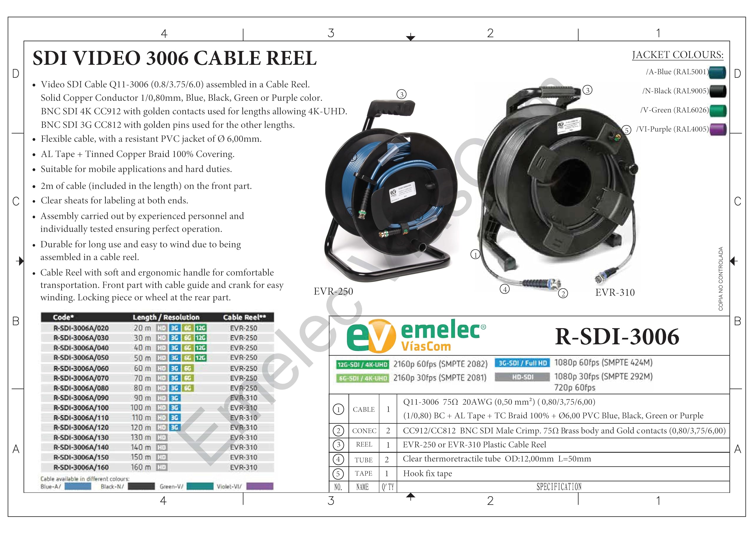 R-SDI-3006N/050-50m Cavo Video 4K-UHD 12G-SDI (0.8/3.75/6.0) Montato su Portacavi con BNC 4K-UHD - Driver Unifilare - Colore Nero - PVC flessibile