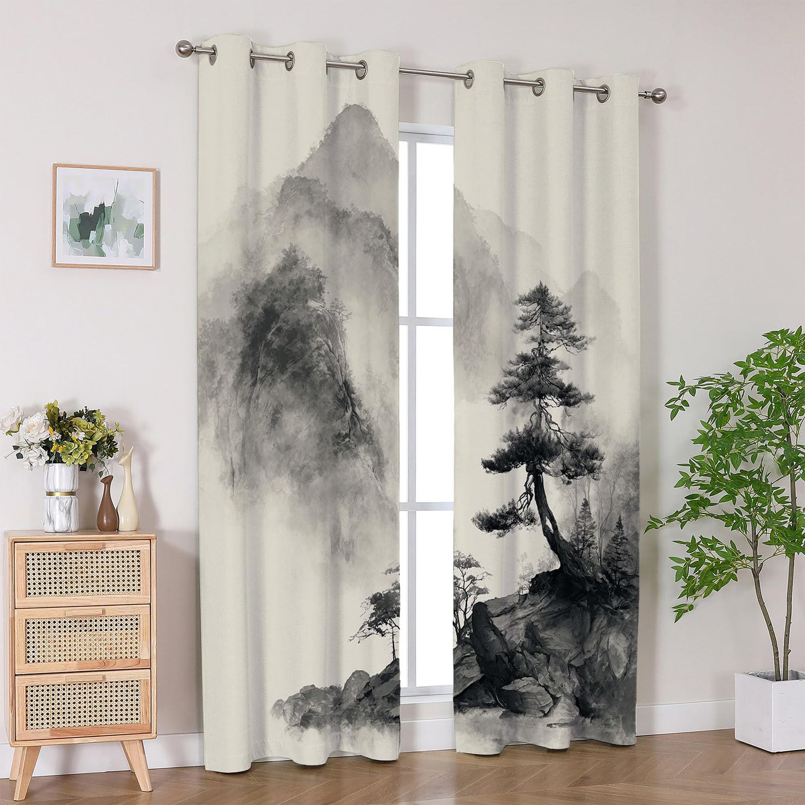 Zasłona nieprzejrzysta na przelotkach, malarstwo tuszowe, zasłony na przelotkach, dekoracyjna, zaciemniająca, zestaw 2 sztuk, wys. 140 x szer. 110 cm (2 sztuki)