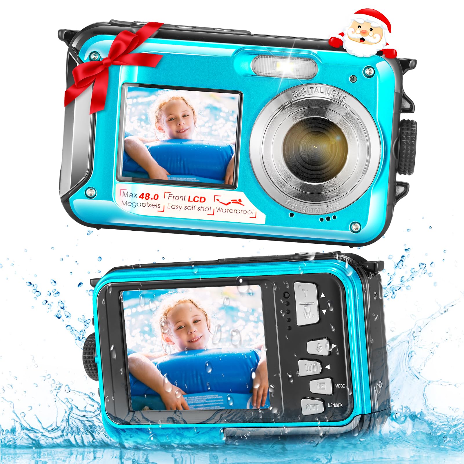 Camara Acuatica, Full HD 2.7K 1080P 48MP Camara Sumergibles 10FT 16X Digital Zoom Cámara Impermeable Digital con Pantalla Dual para Selfie Bajo el Agua Natación Buceo, Amarillo