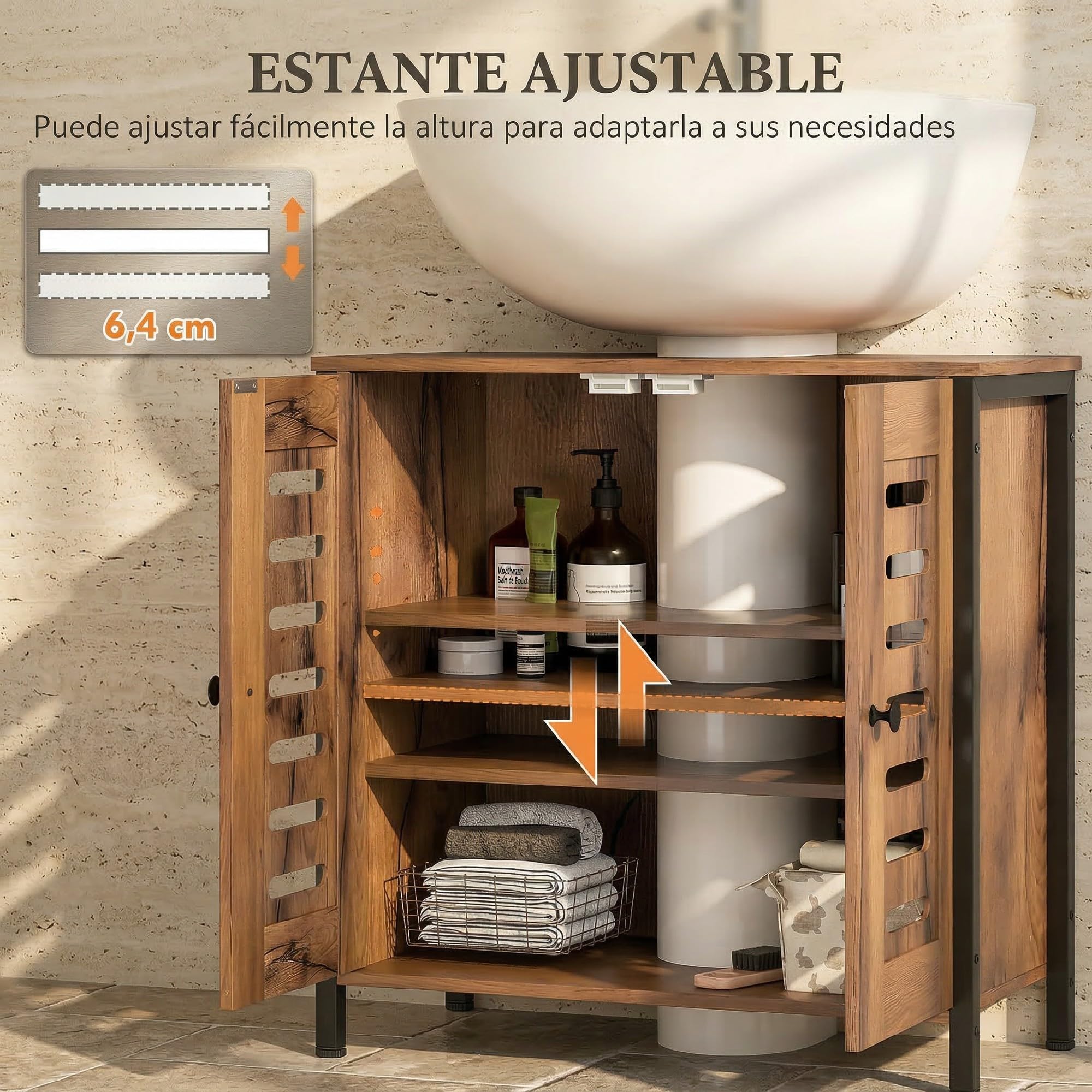HOMCOM Mueble Bajo Lavabo Industrial con 2 Puertas de Lamas y Cierre Magnético, Estante Regulable, para Lavabos sin Pedestal, Mueble de Baño 60x30x60 cm Marrón Rústico