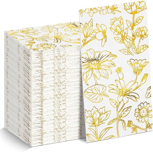 Miniatura 1 de Pasimy 100 servilletas de papel dorado desechables para invitados, servilletas de cóctel de papel floral, elegantes toallas de mano para cena,