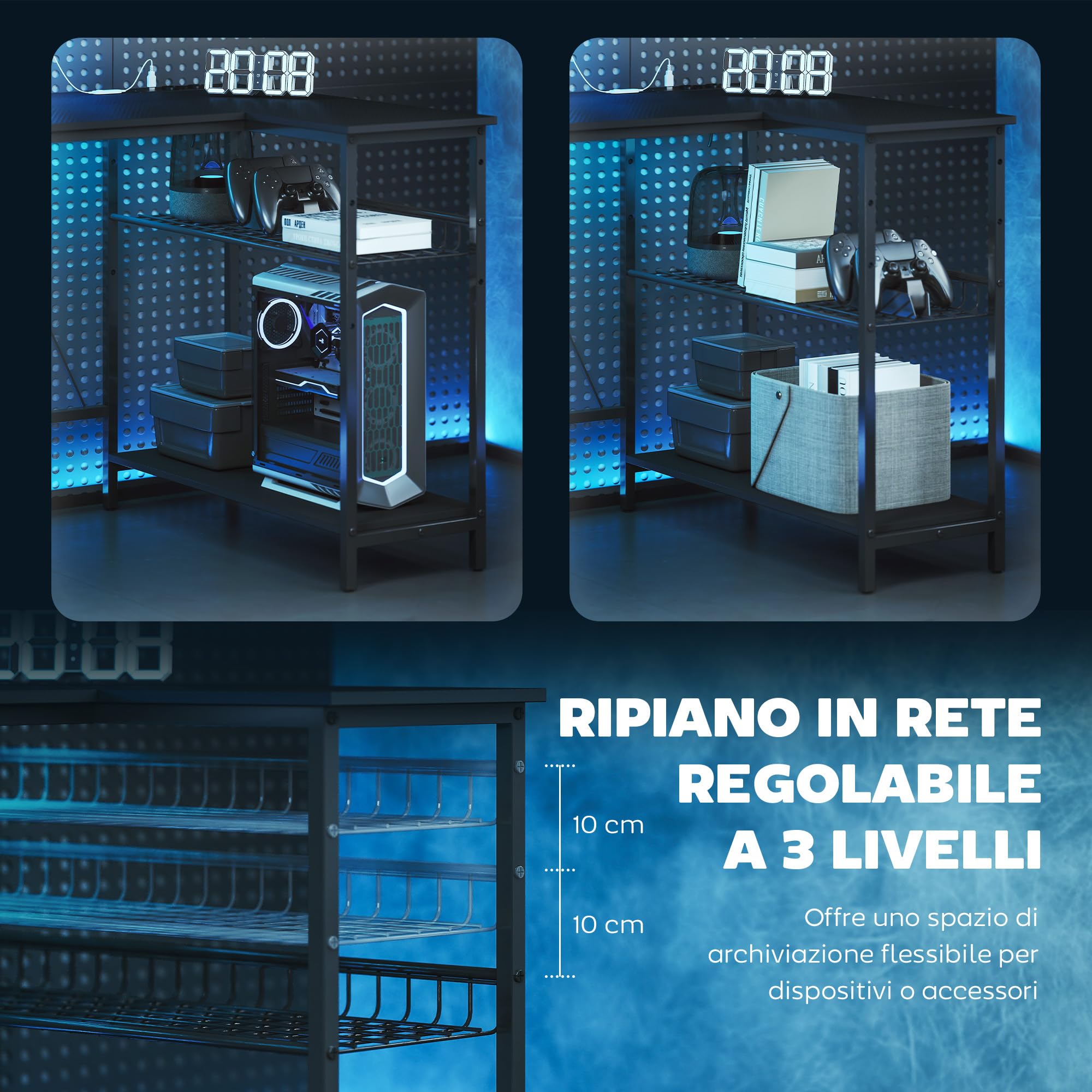 HOMCOM Scrivania Gaming Reversibile ad L con LED, Prese Elettriche, 114.5x82cm Scrivania Angolare con Supporto per Monitor e Ripiani Regolabili a Rete, Postazione Gaming per Casa Ufficio Studio, Nero