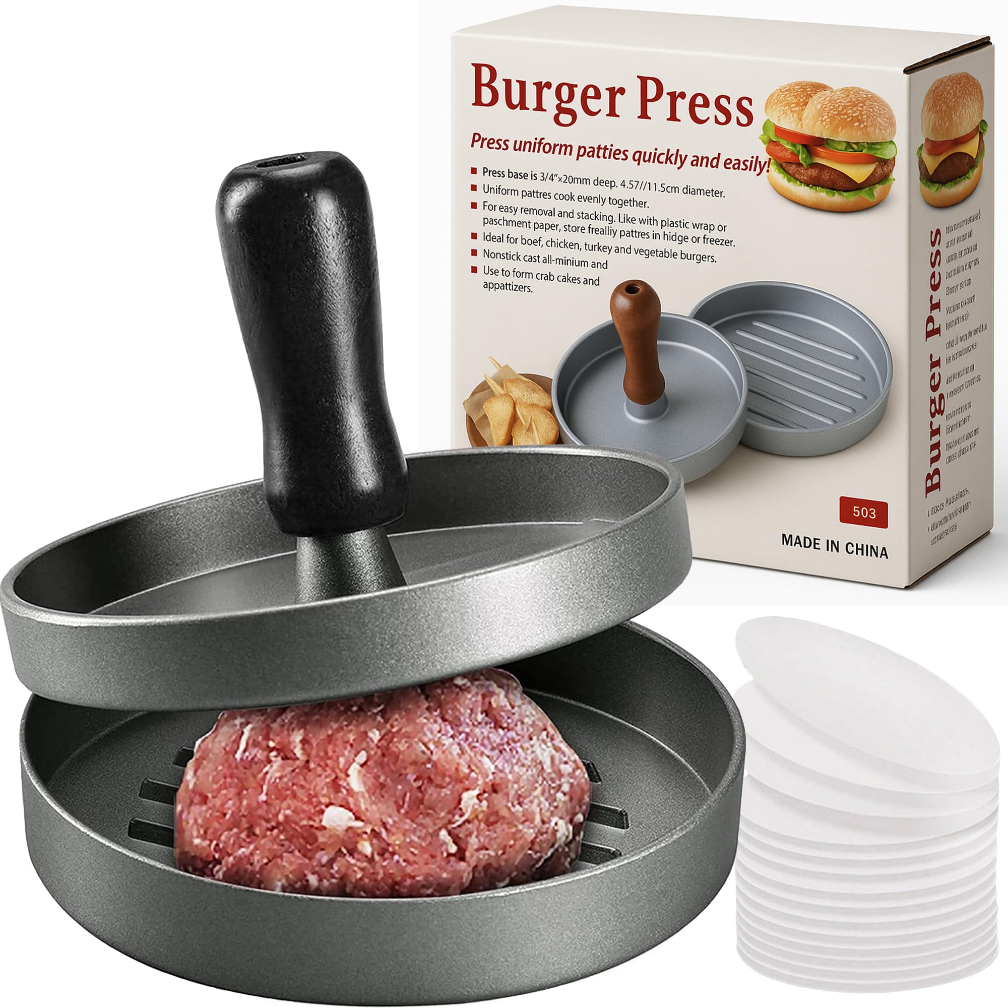 ZASHMART Burger Press with 100 Wax Papers, Non Sticker Smash Burger Press Made 0f Aluminum, Multipurpose Burger Smasher, Hamburger Press, Steak Press, Meat Press, Patty Smasher, Grill Press.