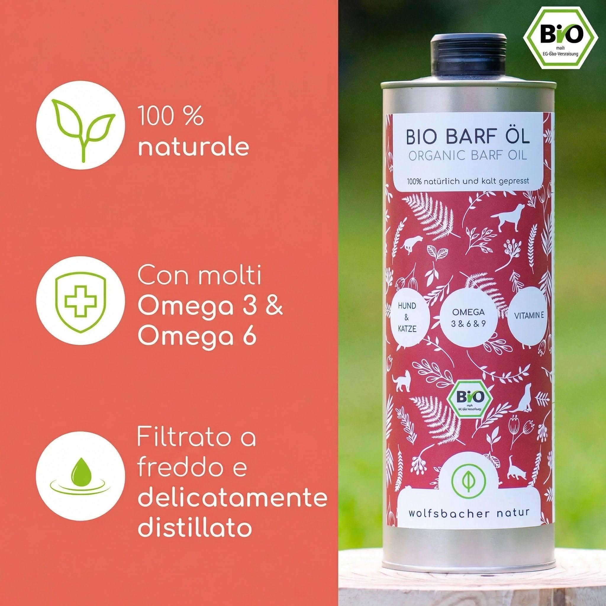 Olio alimentare per cani 1 litro – 100% Olio BARF biologico - Naturale e vegano - Con olio di lino, enotera, oliva, semi di zucca, chia - Con Omega 3-6-9, DE-ÖKO-060