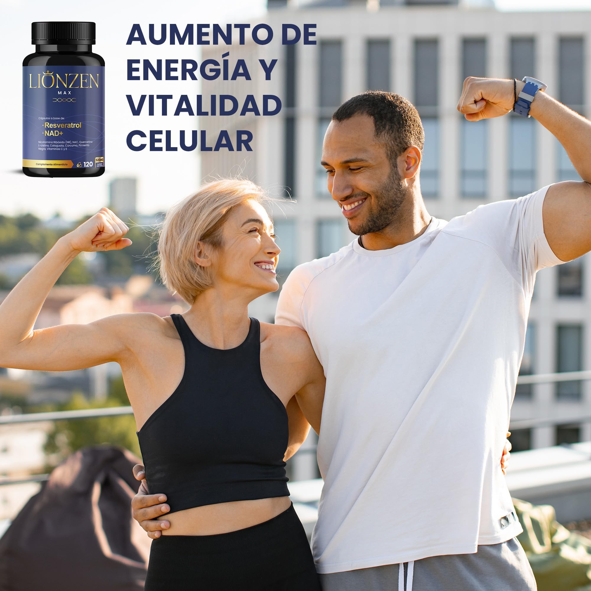 NAD Resveratrol puro 1000mg Antienvejecimiento Energía Celular Nicotinamide Riboside Quercetina NAC Cúrcuma Lionzen Max