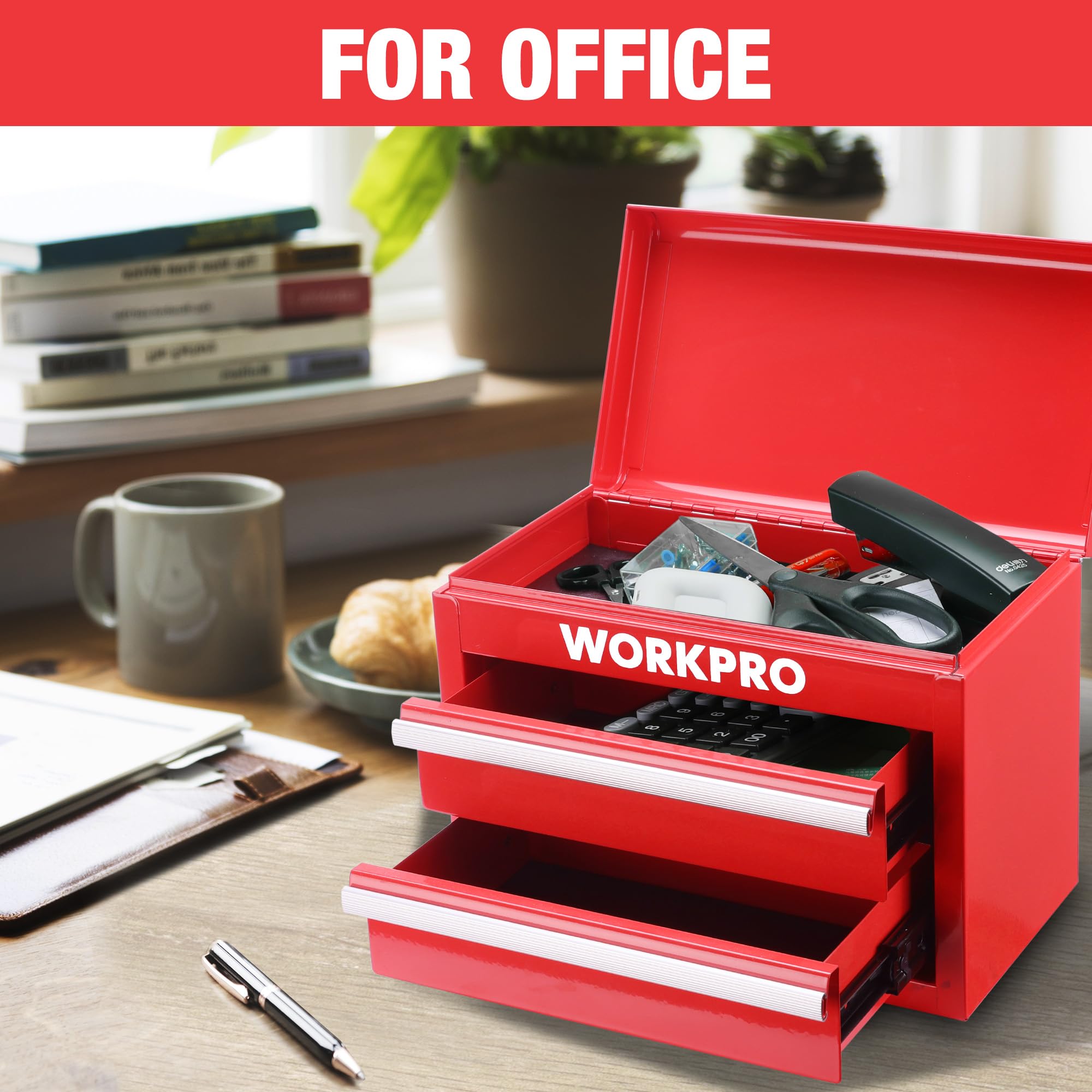 WORKPRO Metalowa skrzynka z szufladami z 2 szufladami i górną przestrzenią przechowywania, czerwona, 27,5x15x20,8 cm, organizer na biurko z szufladami do biura, szatni i biurka
