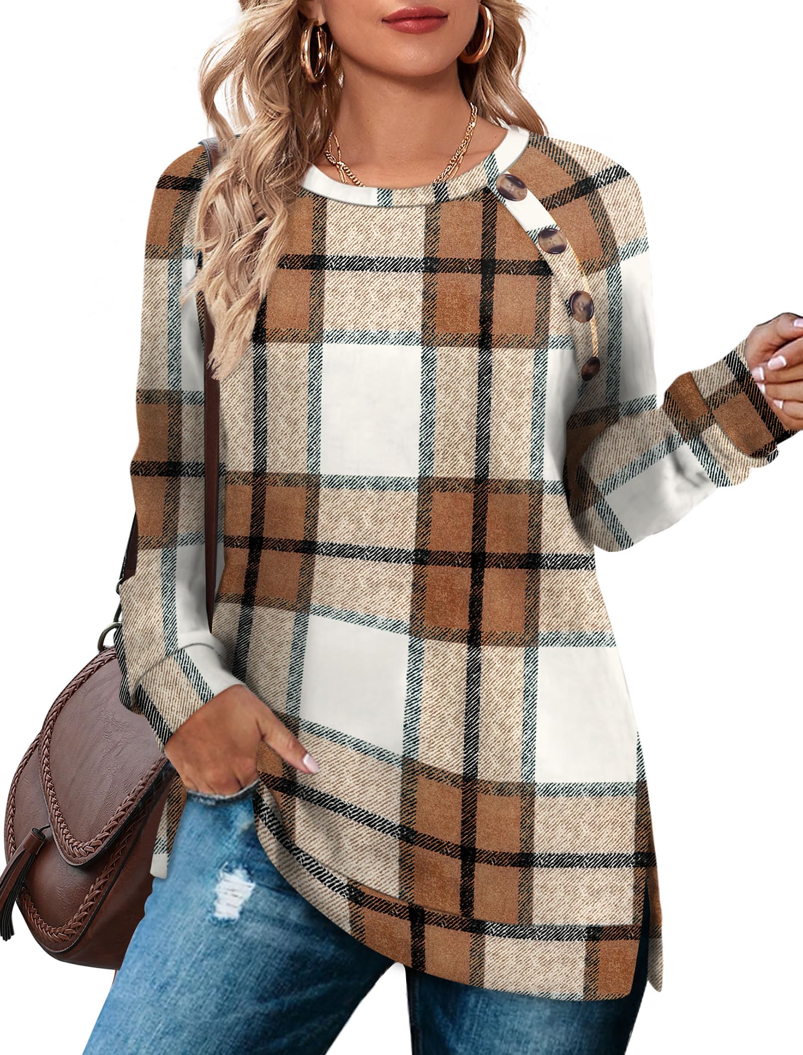 Bofell Long Sleeve Shirts for Women Lightweight Button Decor Tunic Tops Side Split
