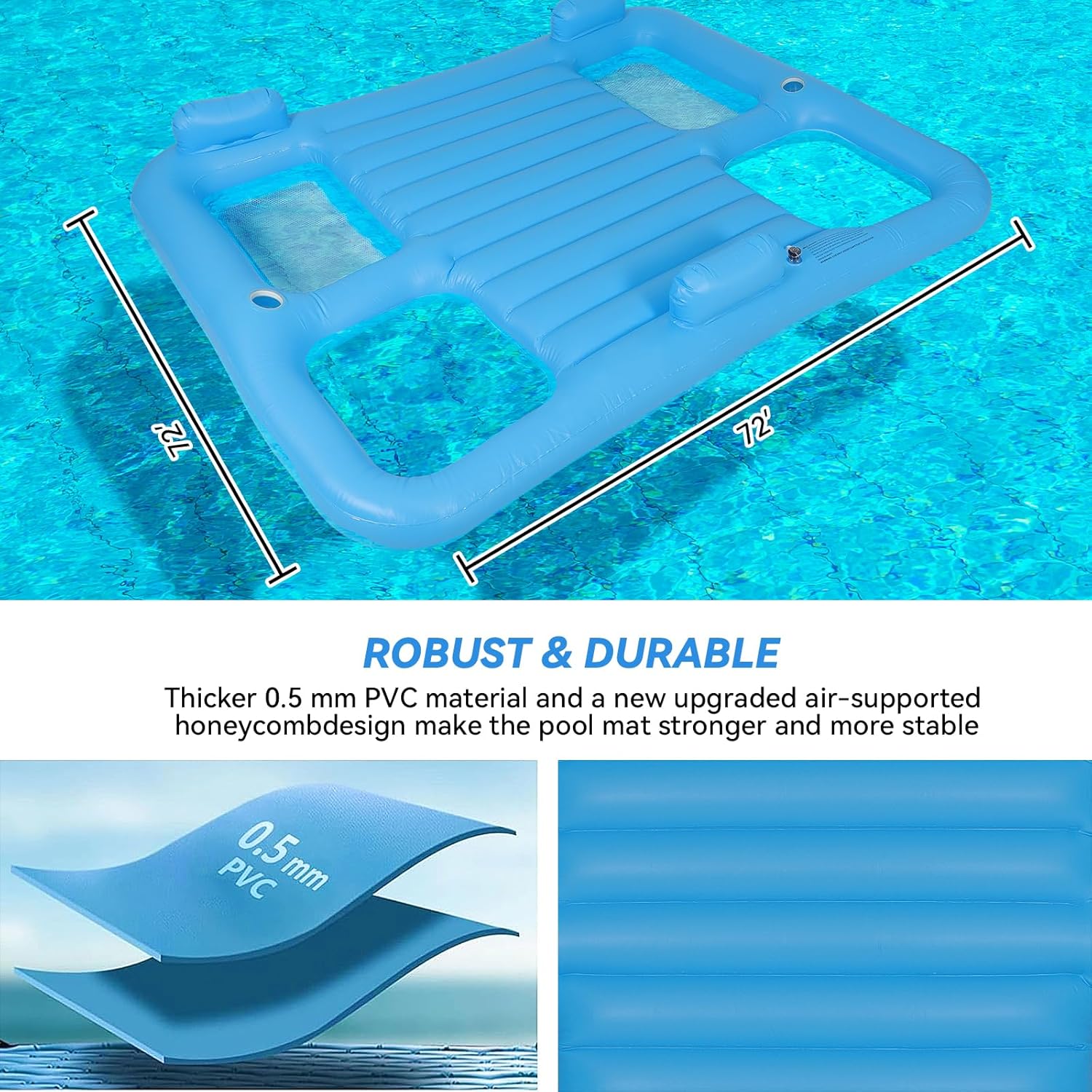 Inflatable Pool Floats Adult, Tanning Pool Lounger with Headrest and Cup Holder, Tanning Bed Floating Mat Raft for Backyard Swimming Pool Party