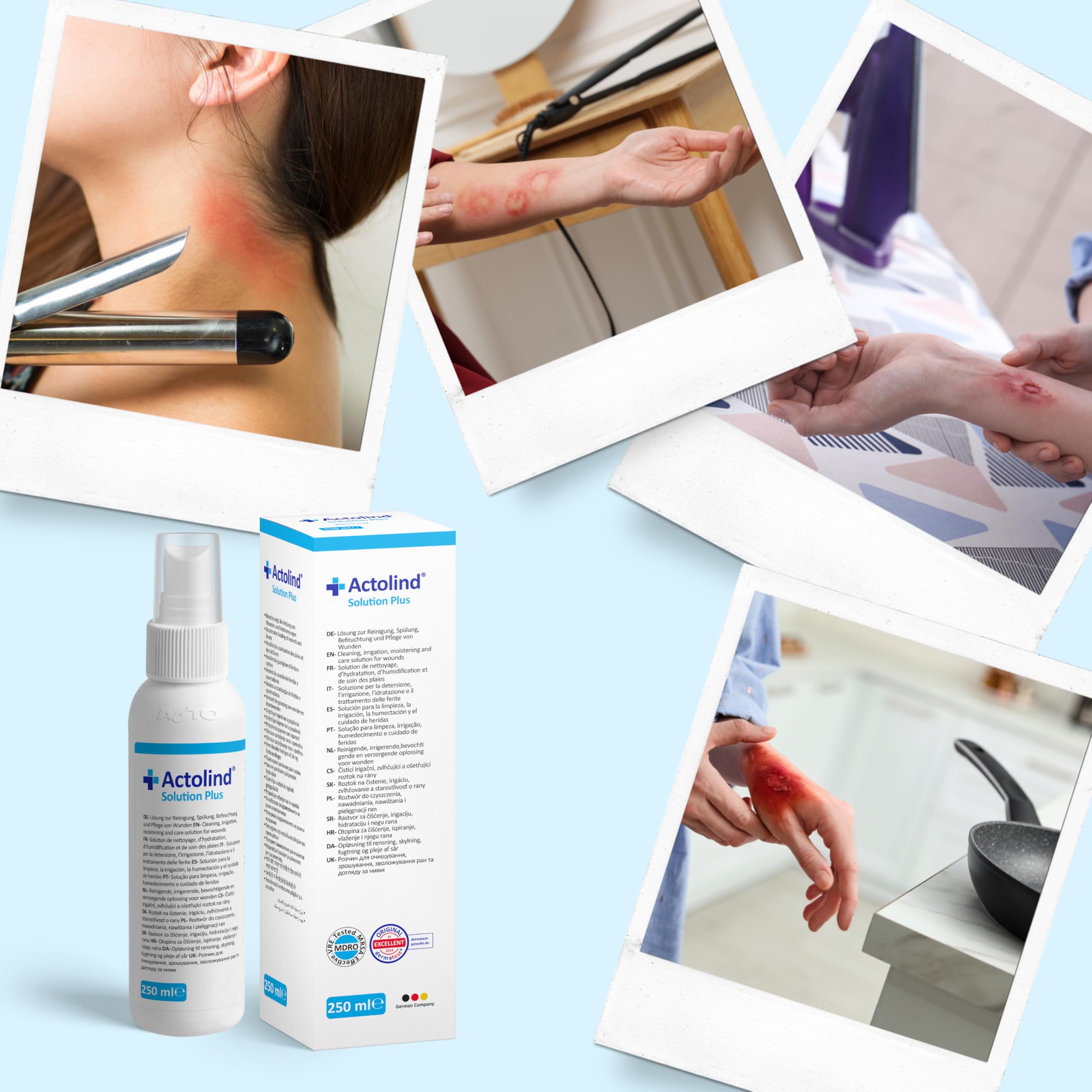 Actolind Solution Plus 250 ml – soluzione antisettica per irrigazione delle ferite. Pulizia e idratazione indolore di ferite acute, croniche, infette e ustioni. Classe CE III secondo MPG. Con PHMB.