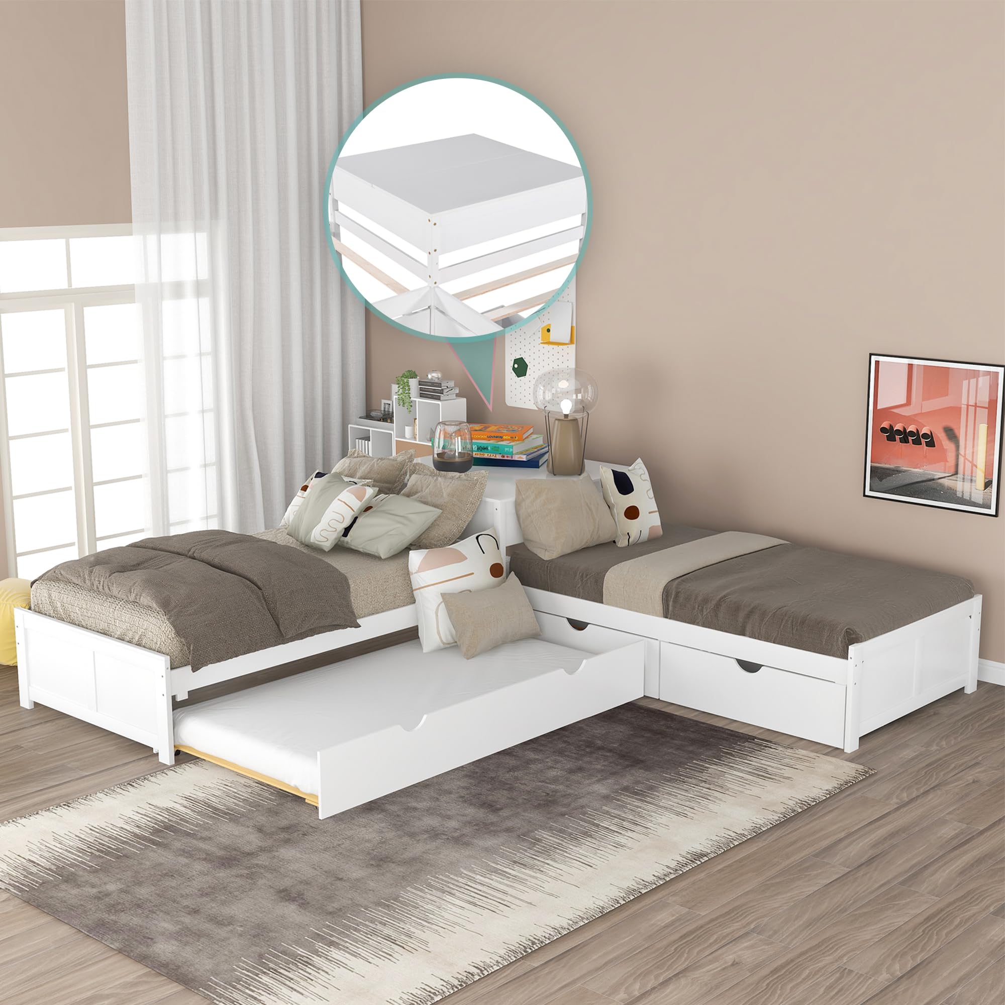 Merax Storage Daybed with Trundle, Twin Size L-Shaped Platform Bed with Convertible Trundle, Two Drawers and Built-in Desk for Living Room, Bedroom, Guest Room, No Box Spring Needed (White)