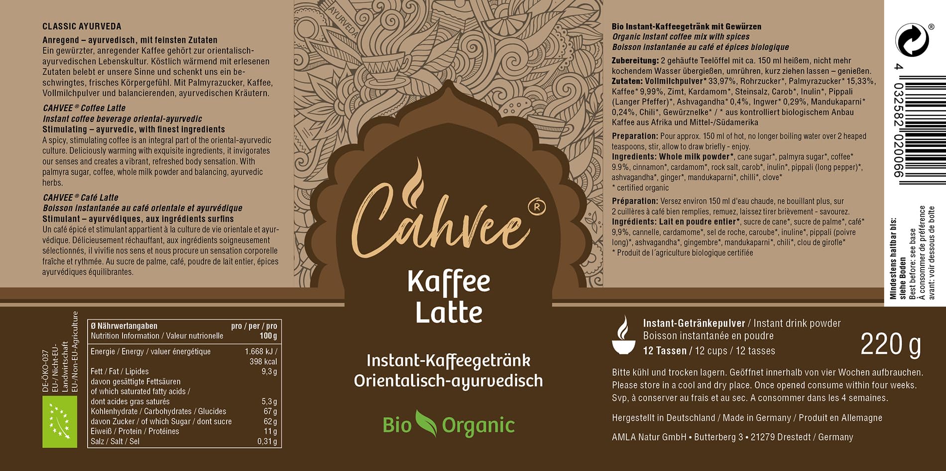 Cahvee kawa Latte Bio | Ayurwedyjski bio napój w proszku | 220 g (bio)