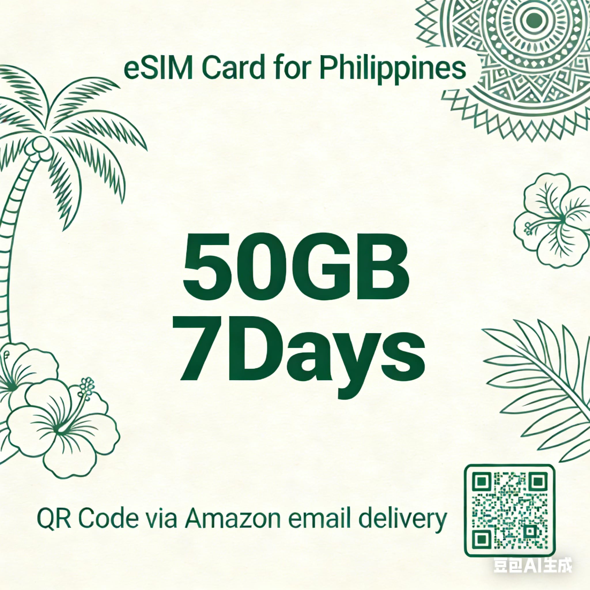 Carte eSIM pour Les Philippines, eSIM prépayée Pay-as-You-go, sans Engagement, Forfait de données 50 Go 7 Jours