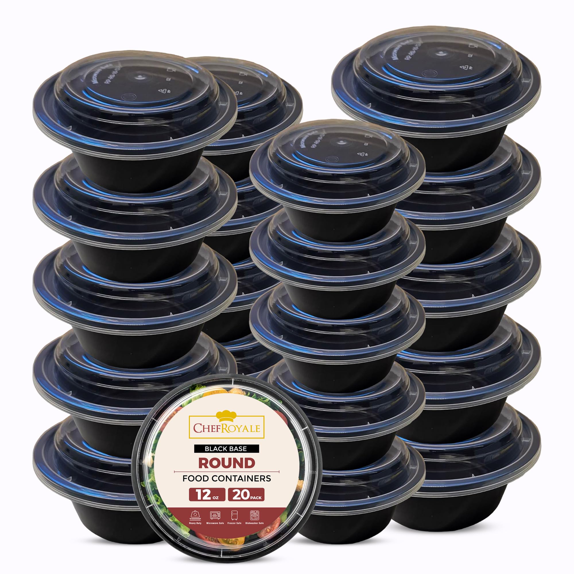 CHEF ROYALE 20x 12oz Round Meal Prep Containers with Lids Reusable Food Containers with Airtight Lids - Microwave & Dishwasher Safe - BPA Free Stackable Lunch Boxes