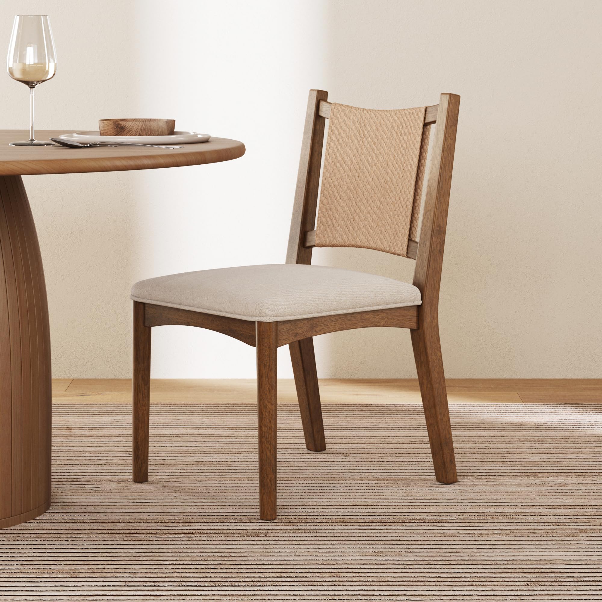 Nathan James Elodia Upholstered Dining Chair, Seagrass Back and Padded Seat, Dark Brown